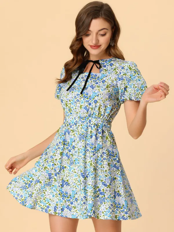 Summer Tie Neck Keyhole Puff Short Sleeve Floral Mini Dress sold by Allegra K