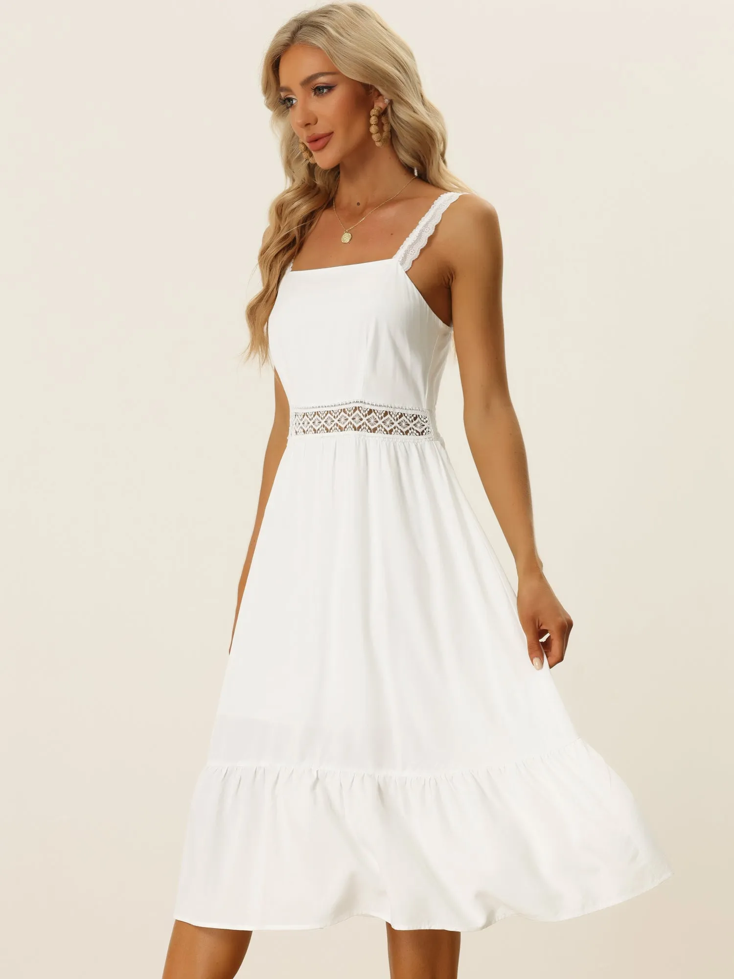 Boho Square Neck Sleeveless Crochet Trim Ruffle A-Line Midi Dress Sundress sold by Allegra K