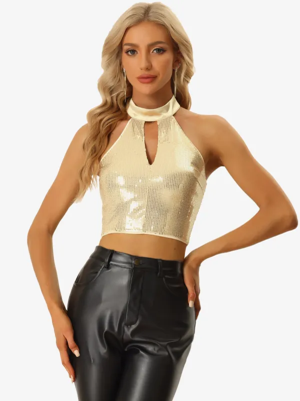 Sequin Halter Neck Sleeveless Cutout Shiny Party Crop Top sold by Allegra K