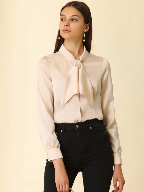 Work Top Satin Blouse Tie Neck Long sleeve Button Up Shirt sold by Allegra K