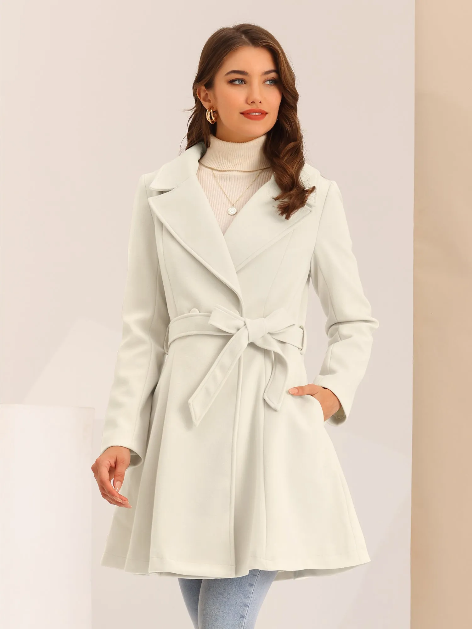 Elegant Overcoat Shawl Collar Single Winter Belted Long Coat sold by Allegra K