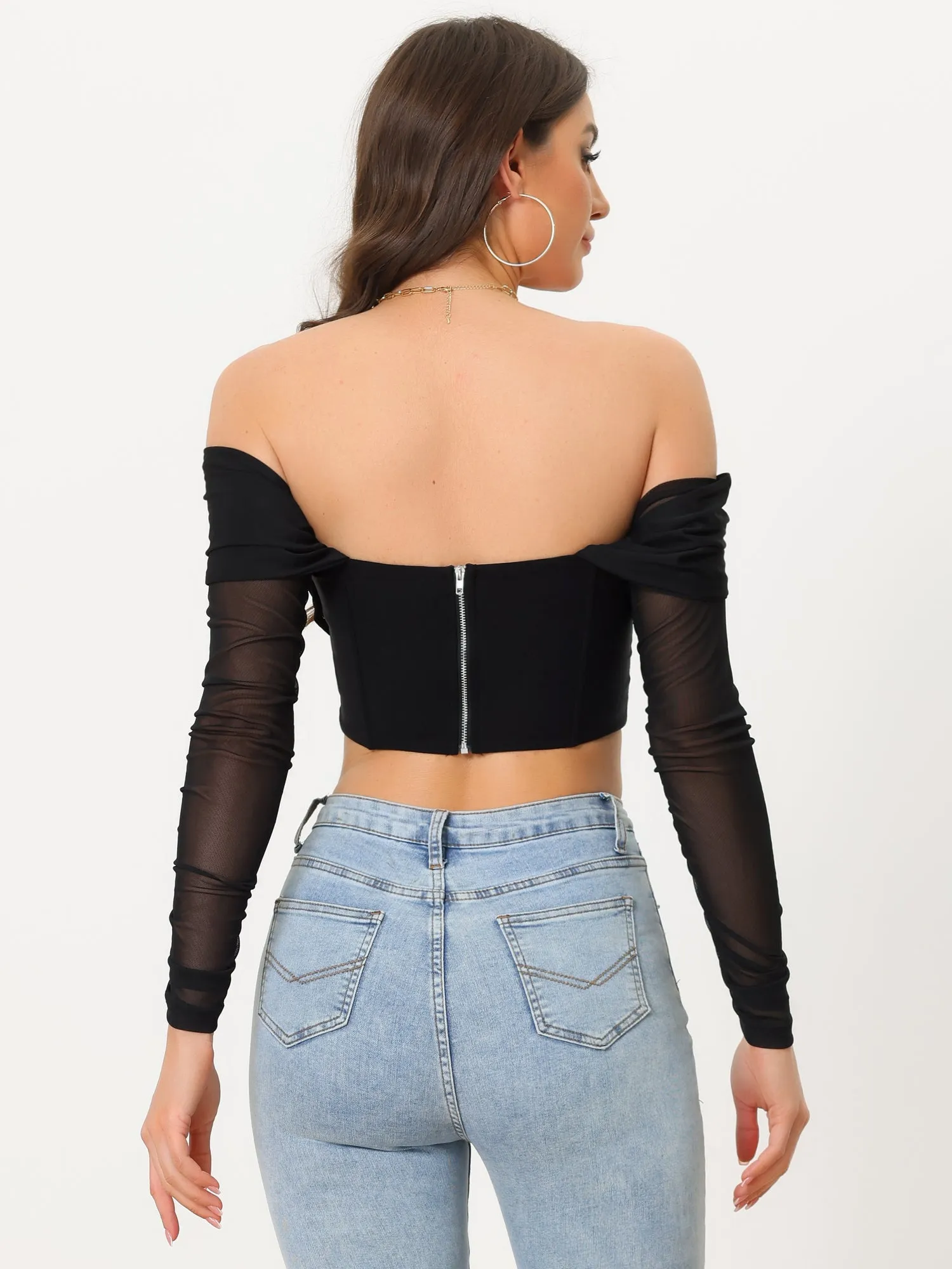 Mesh Sheer Long Sleeve Off Shoulder Party Bustier Crop Top sold by Allegra K product image thumbnail 4