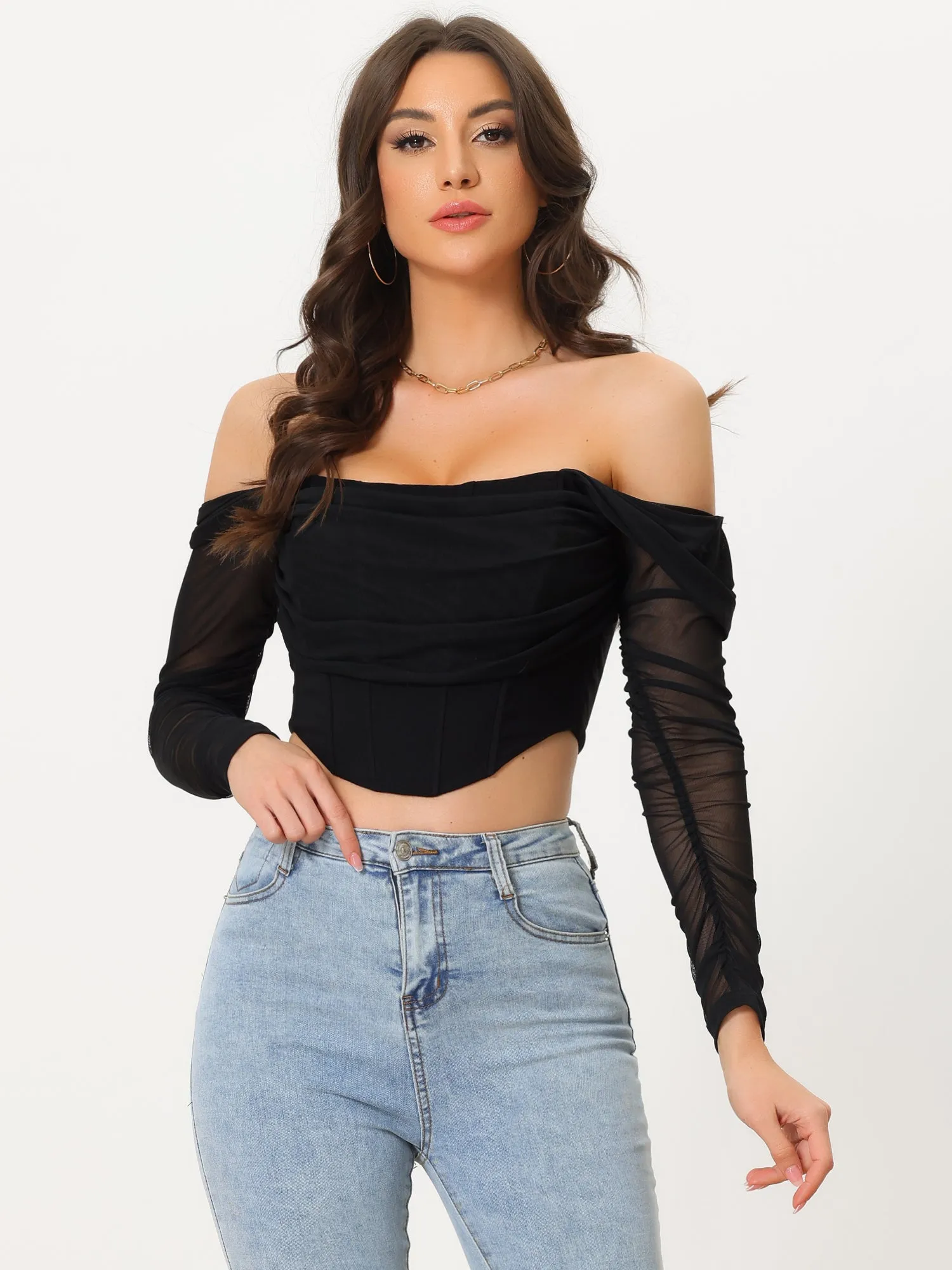 Mesh Sheer Long Sleeve Off Shoulder Party Bustier Crop Top sold by Allegra K product image thumbnail 3