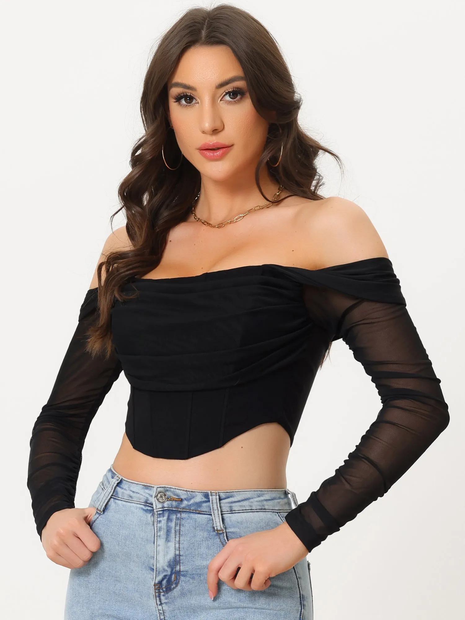 Mesh Sheer Long Sleeve Off Shoulder Party Bustier Crop Top sold by Allegra K product image thumbnail 2