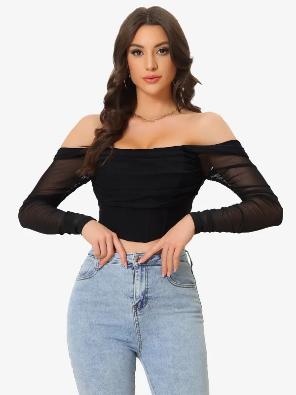 Mesh Sheer Long Sleeve Off Shoulder Party Bustier Crop Top sold by Allegra K