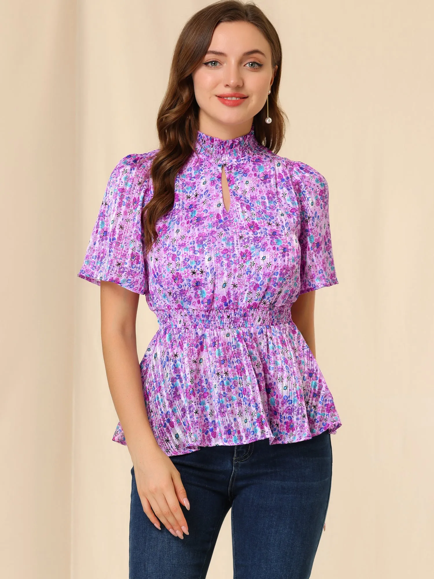 Keyhole Front Flare Sleeve Turtleneck Floral Peplum Smocked Blouse sold by Allegra K product image thumbnail 3
