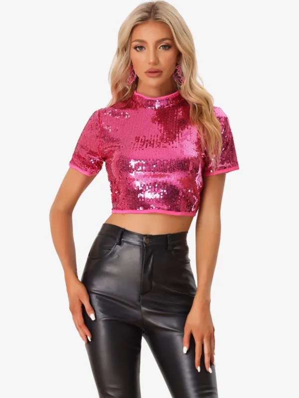 Sequin Sparkle Glitter Short Sleeve Shinning T Shirt Club Blouse sold by Allegra K