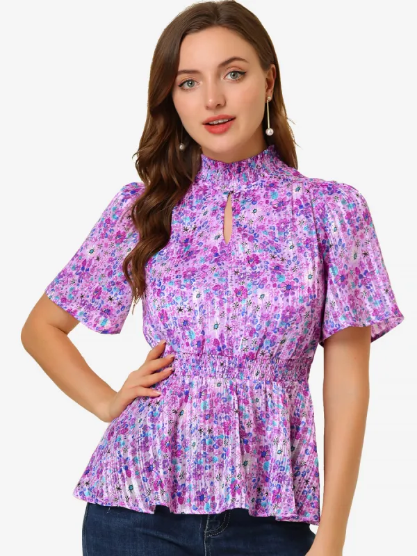 Keyhole Front Flare Sleeve Turtleneck Floral Peplum Smocked Blouse sold by Allegra K