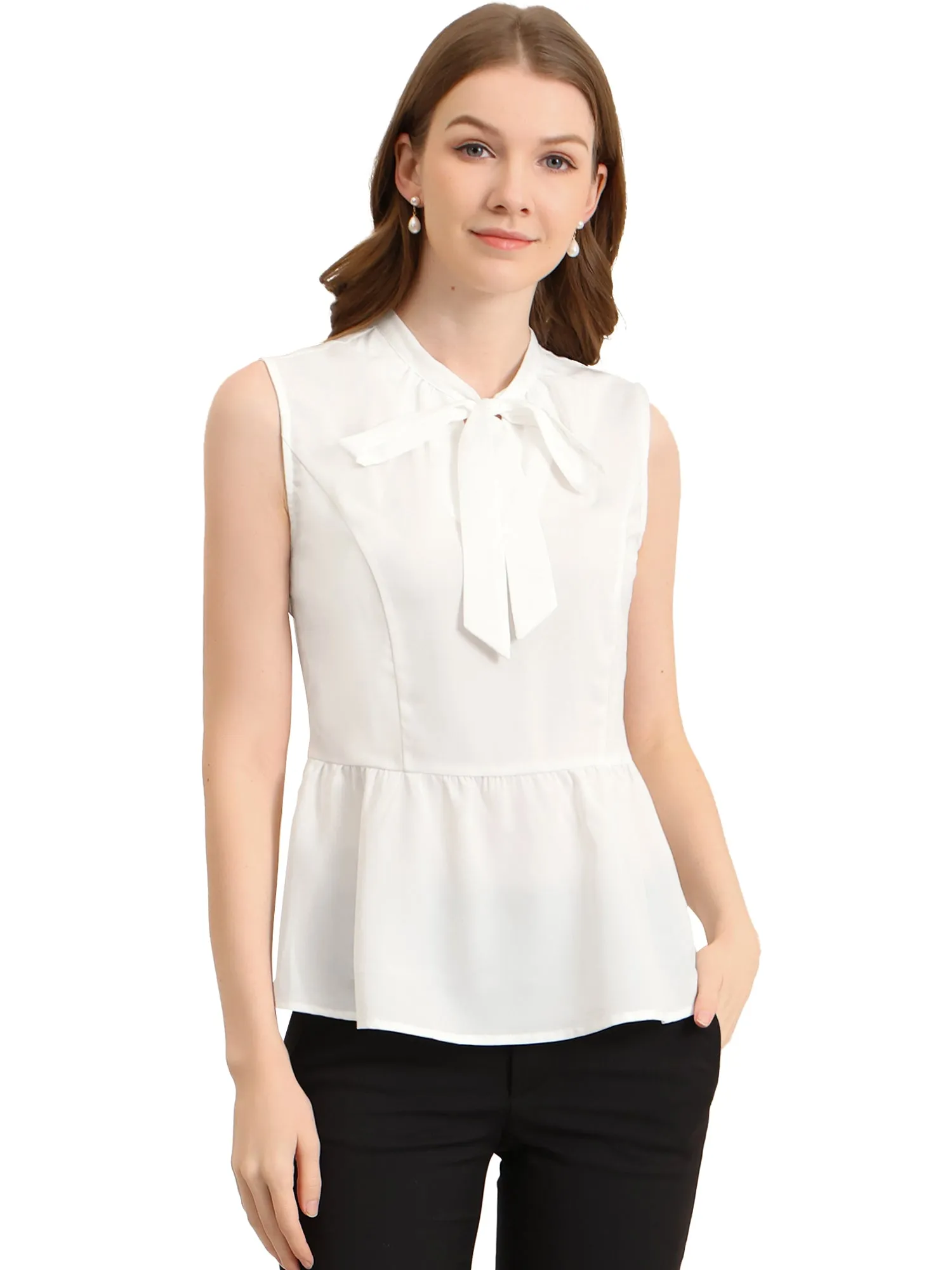 Peplum Top Bow Tie Neck Ruffle Hem Summer Sleeveless Blouse sold by Allegra K product image thumbnail 2