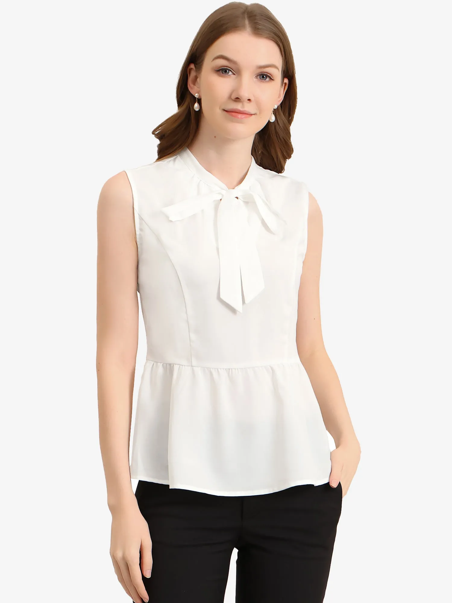 Peplum Top Bow Tie Neck Ruffle Hem Summer Sleeveless Blouse sold by Allegra K