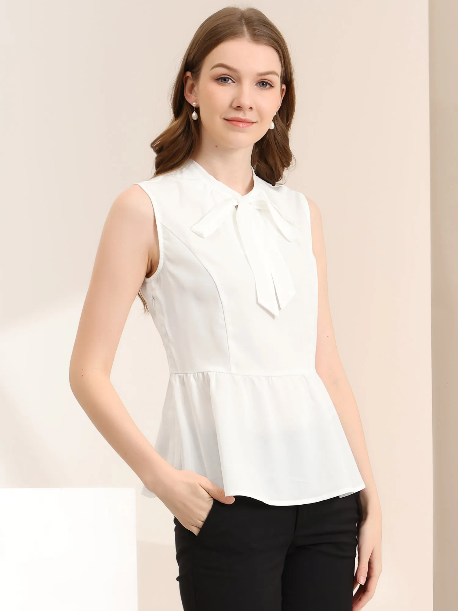 Peplum Top Bow Tie Neck Ruffle Hem Summer Sleeveless Blouse sold by Allegra K product image thumbnail 3