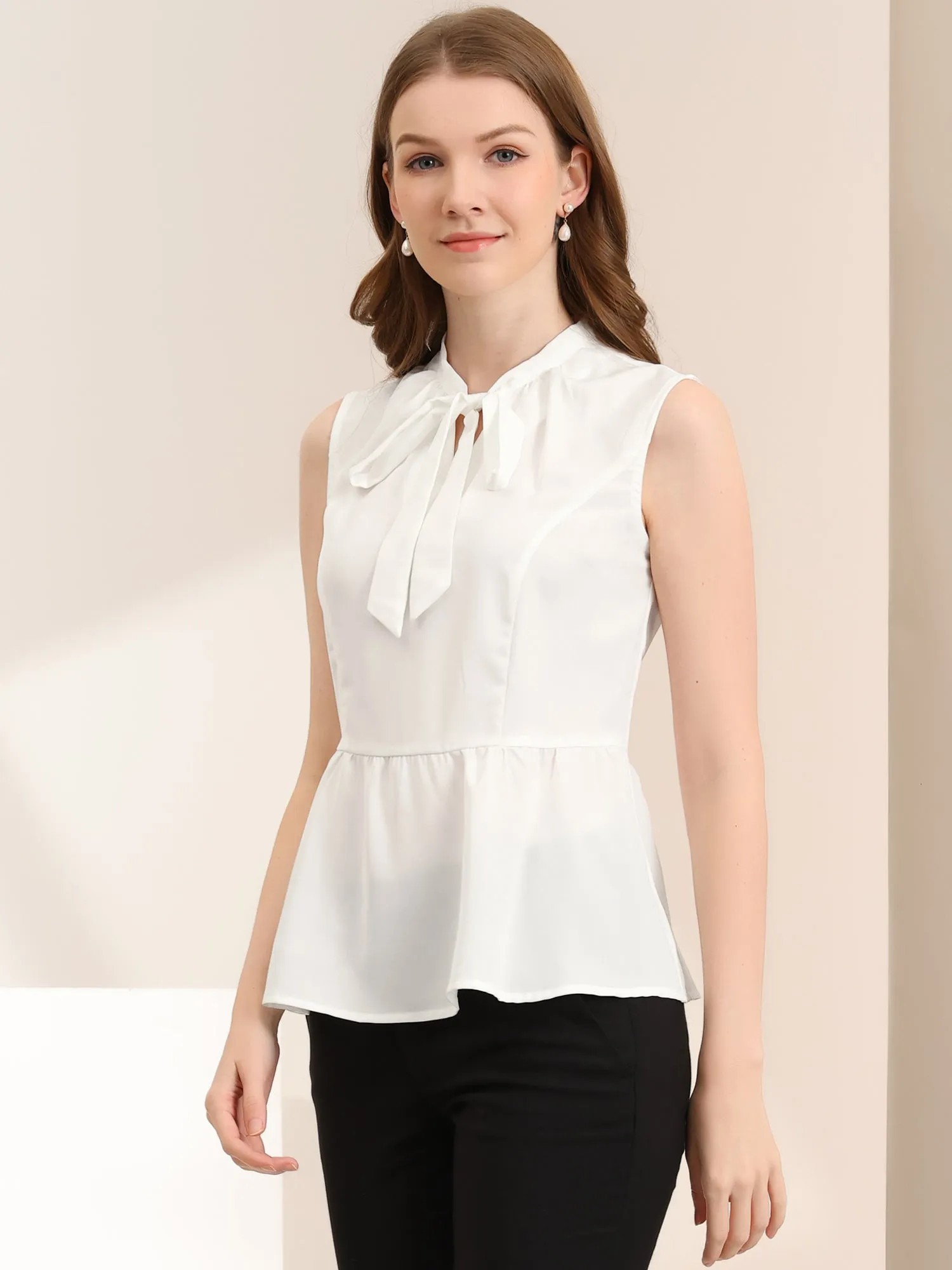 Peplum Top Bow Tie Neck Ruffle Hem Summer Sleeveless Blouse sold by Allegra K product image thumbnail 4