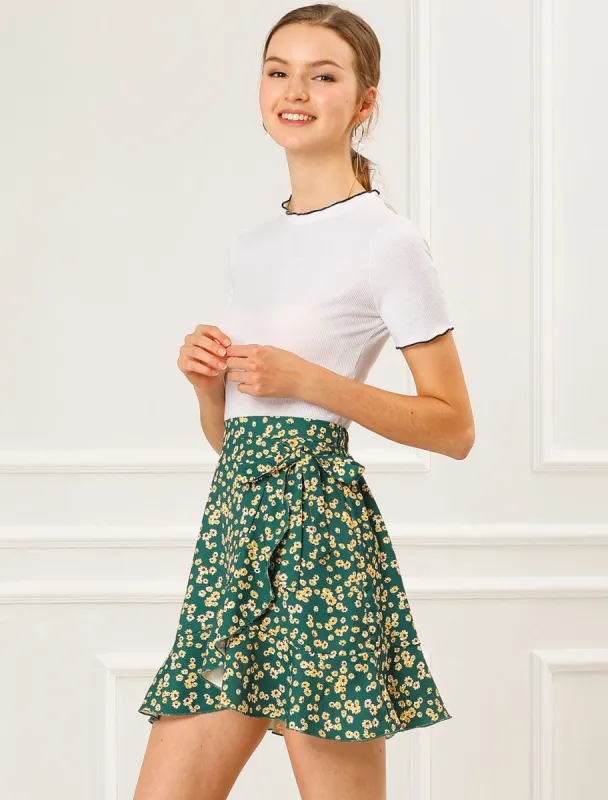 Floral Print Ruffle Hem Tie Elastic Waist A-Line Mini Skirt sold by Allegra K