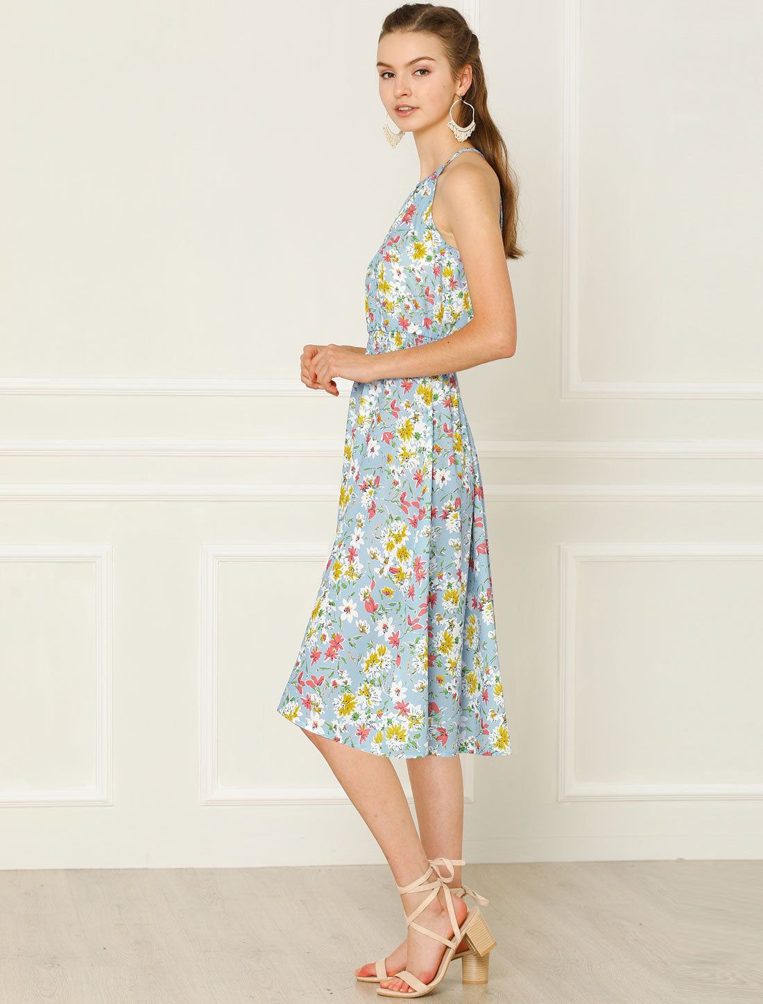 Floral Halter Smocked Waist Sleeveless A-Line Dress sold by Allegra K product image thumbnail 3