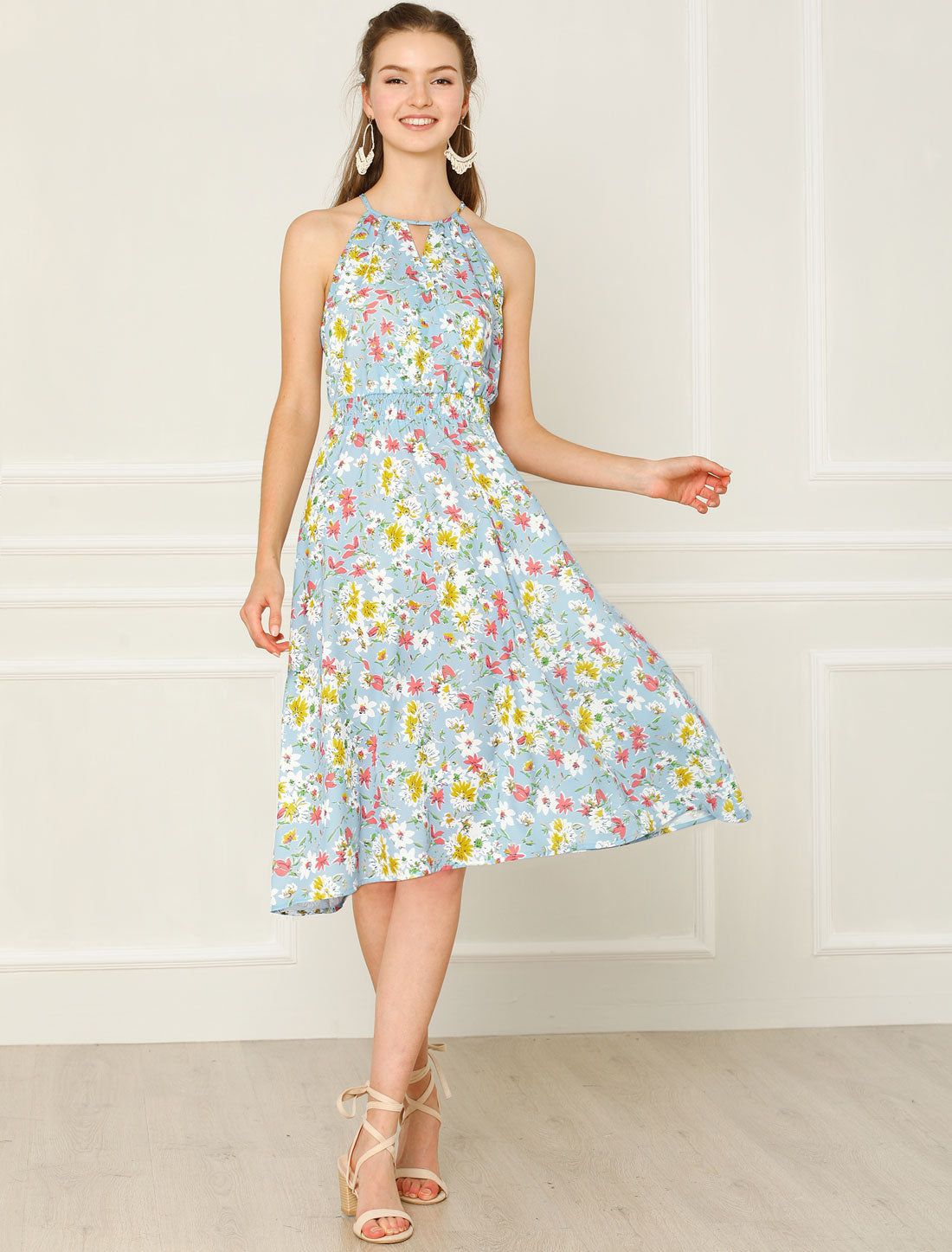 Floral Halter Smocked Waist Sleeveless A-Line Dress sold by Allegra K product image thumbnail 4