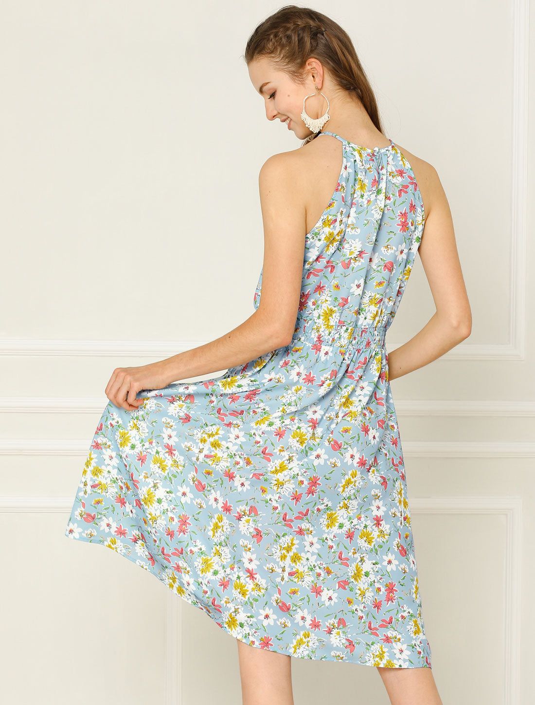 Floral Halter Smocked Waist Sleeveless A-Line Dress sold by Allegra K product image thumbnail 2
