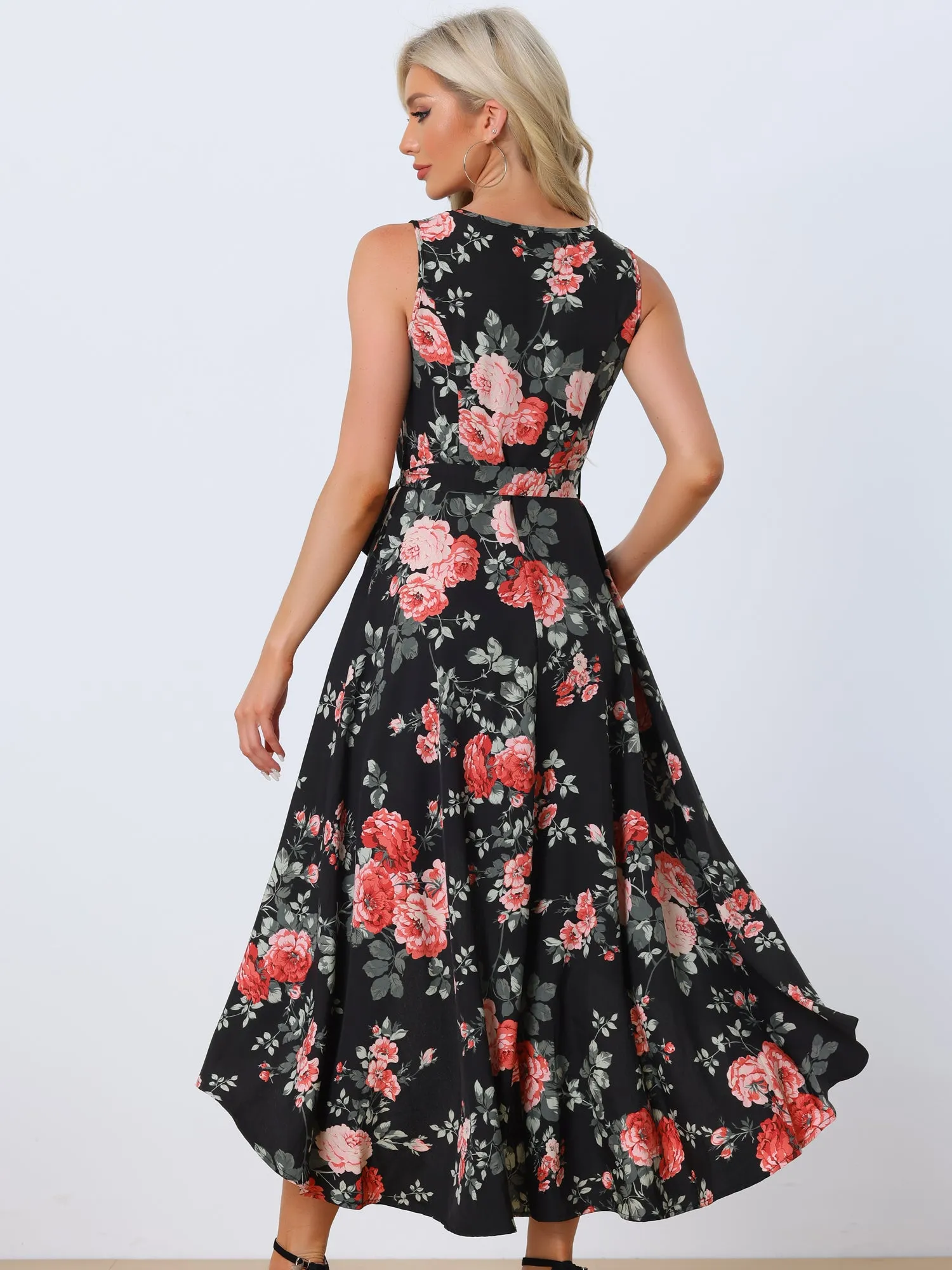 V Neck Floral Print Belt Sleeveless High Low Hem Long Maxi Dress Sundress sold by Allegra K product image thumbnail 3