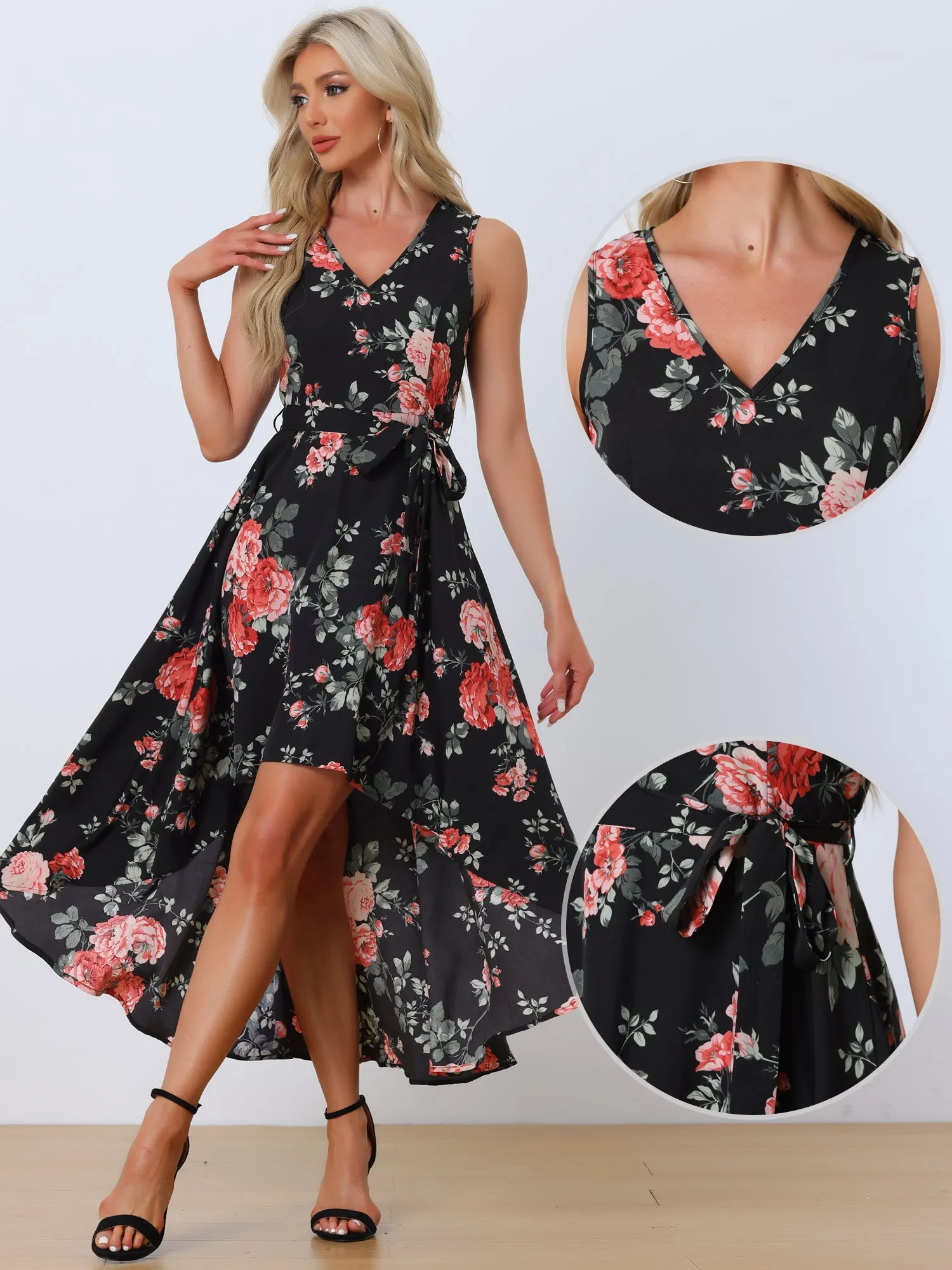 V Neck Floral Print Belt Sleeveless High Low Hem Long Maxi Dress Sundress sold by Allegra K product image thumbnail 2