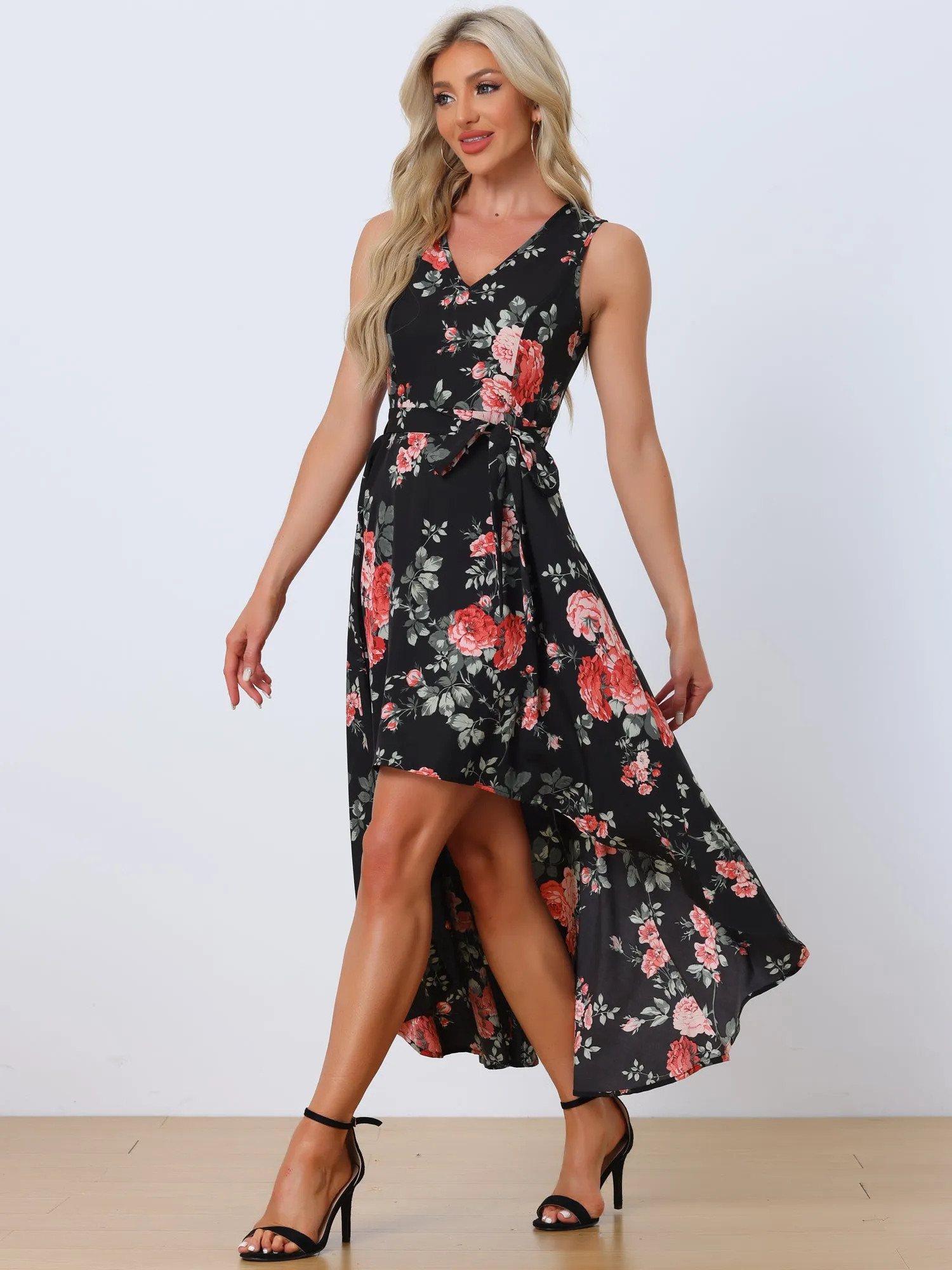 V Neck Floral Print Belt Sleeveless High Low Hem Long Maxi Dress Sundress sold by Allegra K