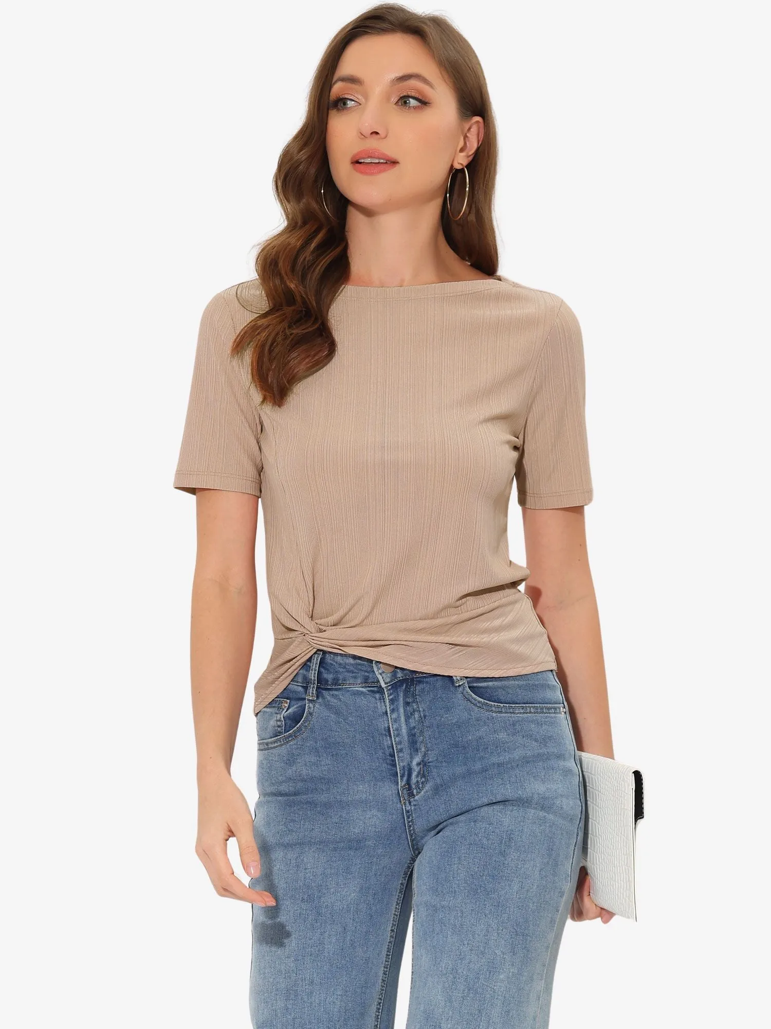 Casual Round Neck Short Sleeve Twist Knot Tee T-Shirt sold by Allegra K