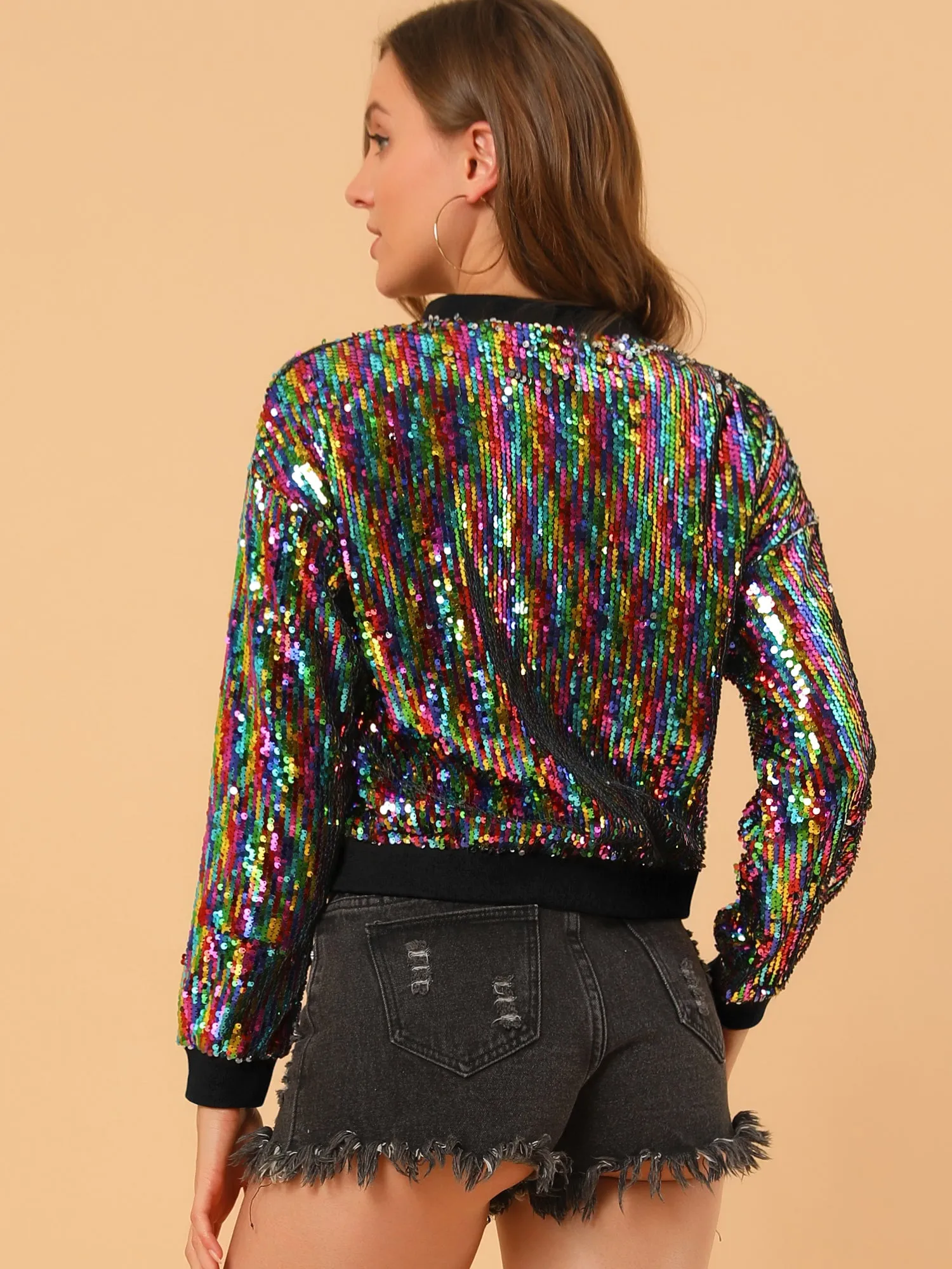 Sequin Sparkle Party Long Sleeve Zipper Bomber Jacket sold by Allegra K product image thumbnail 4