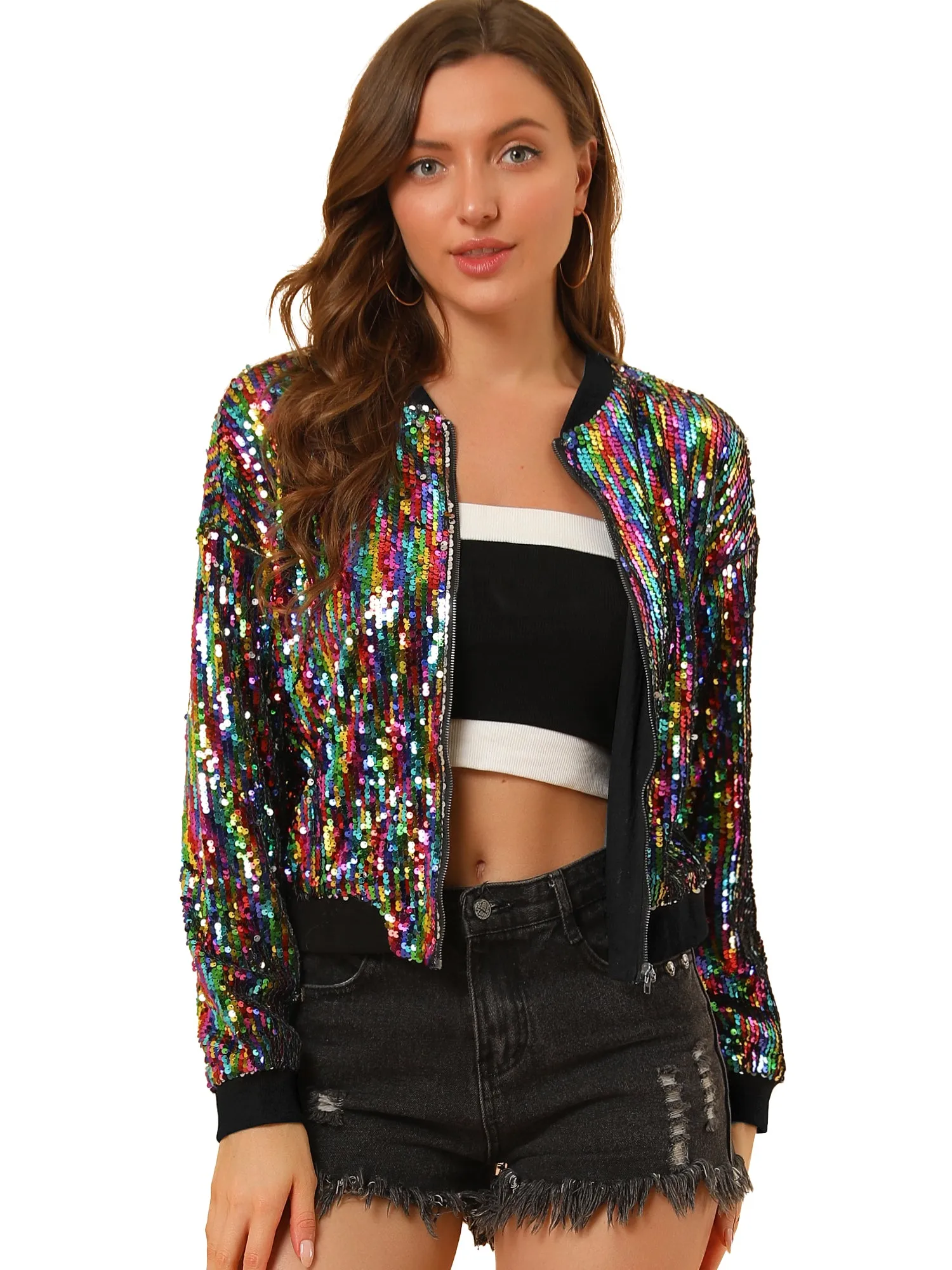 Sequin Sparkle Party Long Sleeve Zipper Bomber Jacket sold by Allegra K product image thumbnail 5