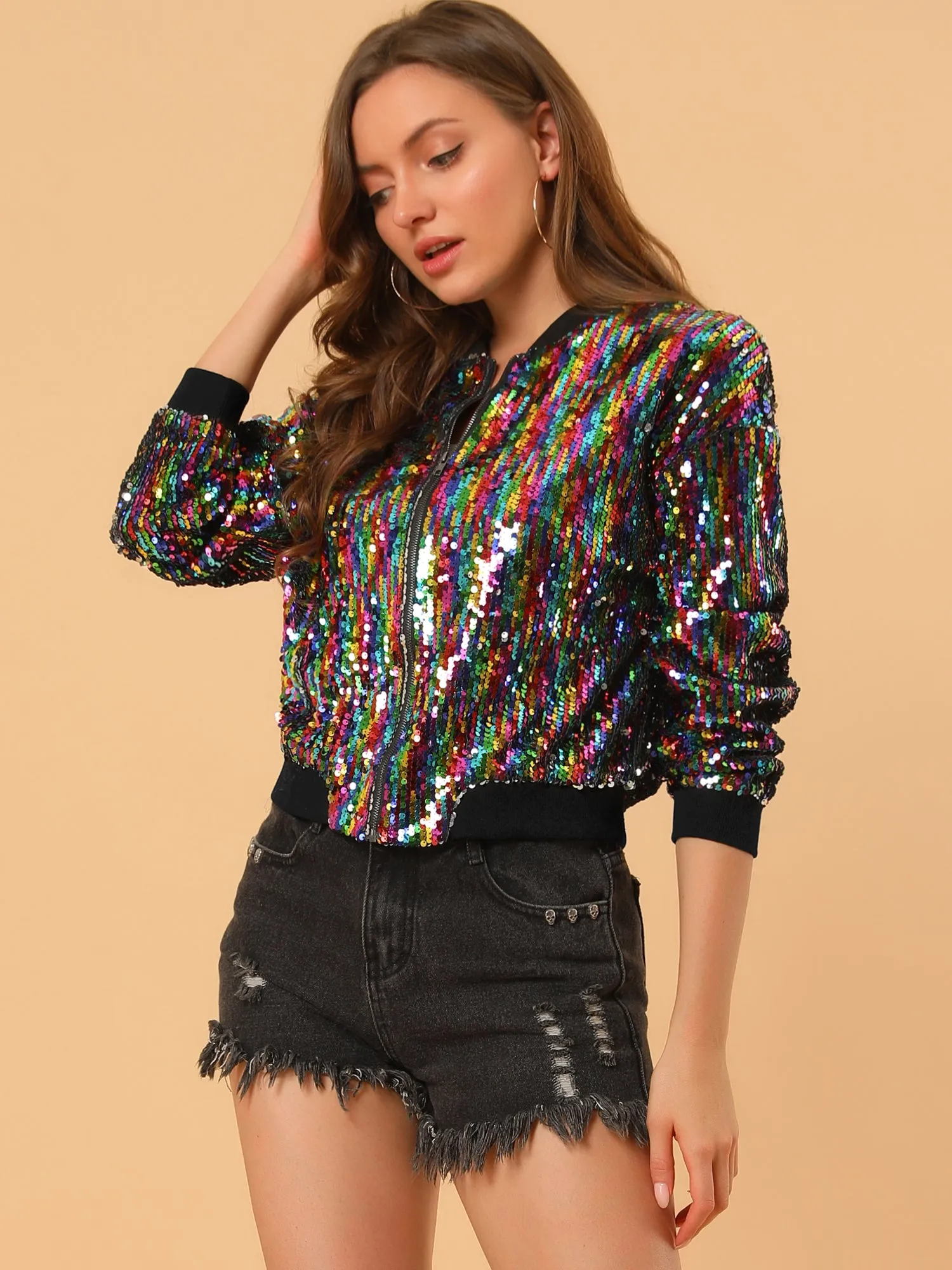 Sequin Sparkle Party Long Sleeve Zipper Bomber Jacket sold by Allegra K