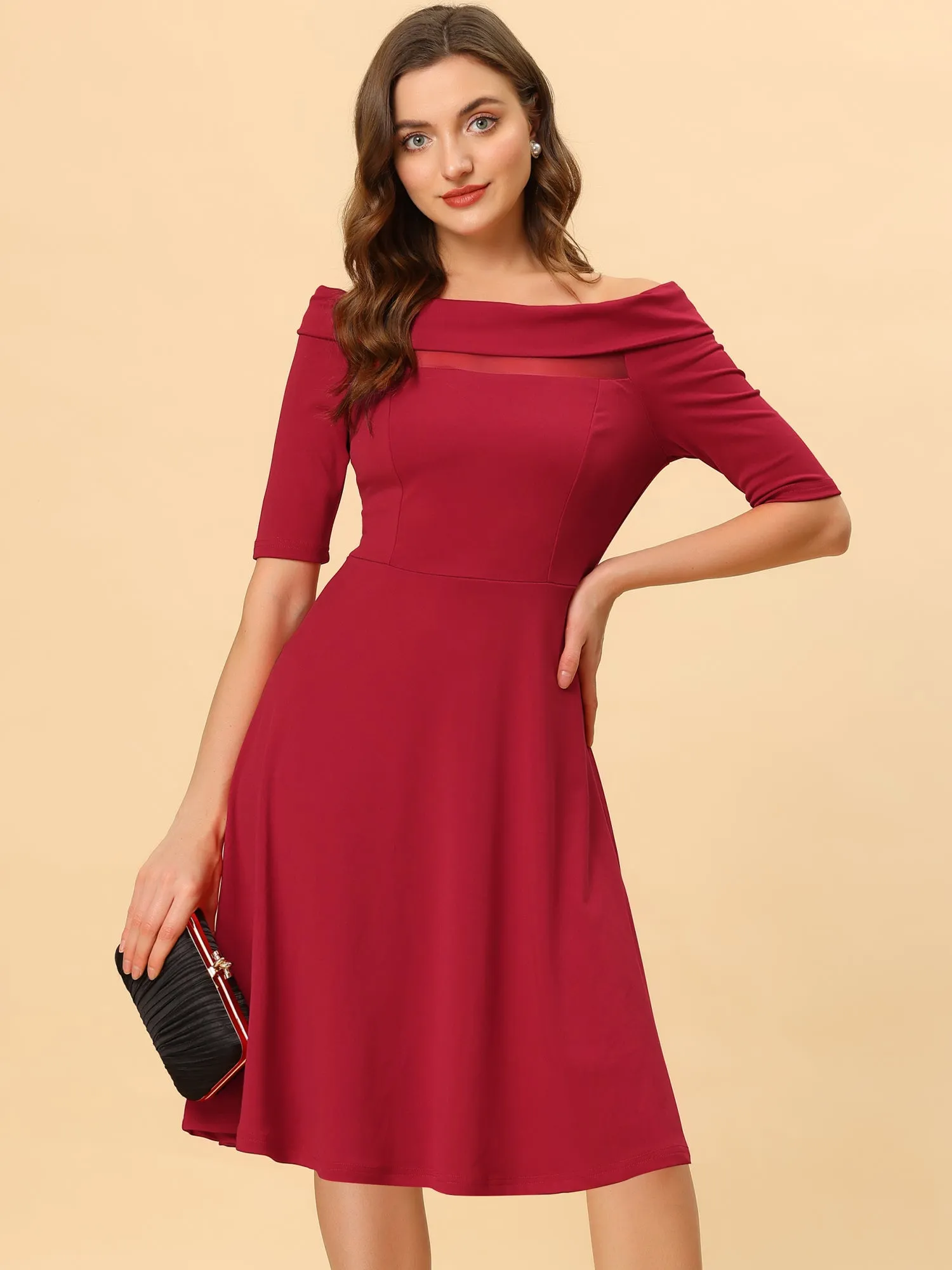 Christmas Party Off Shoulder Stretch Mesh Panel Midi Dress sold by Allegra K product image thumbnail 5