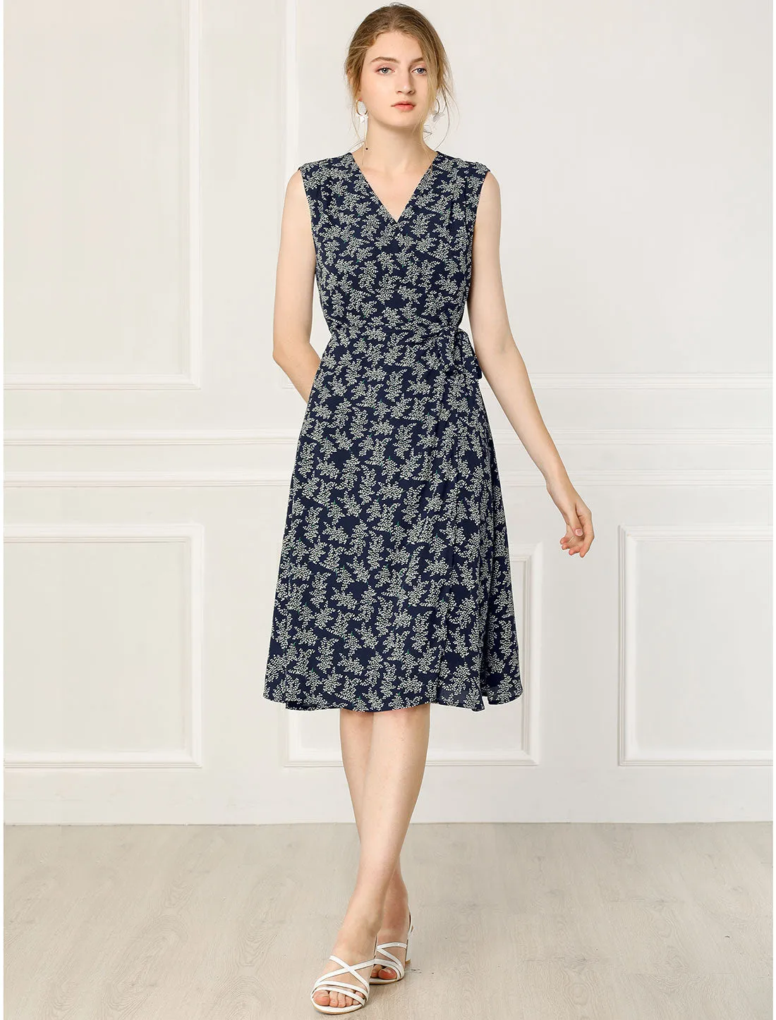 Vintage Summer Sleeveless V Neck Tie Waist Floral Wrap Midi Dress Sundress sold by Allegra K product image thumbnail 2