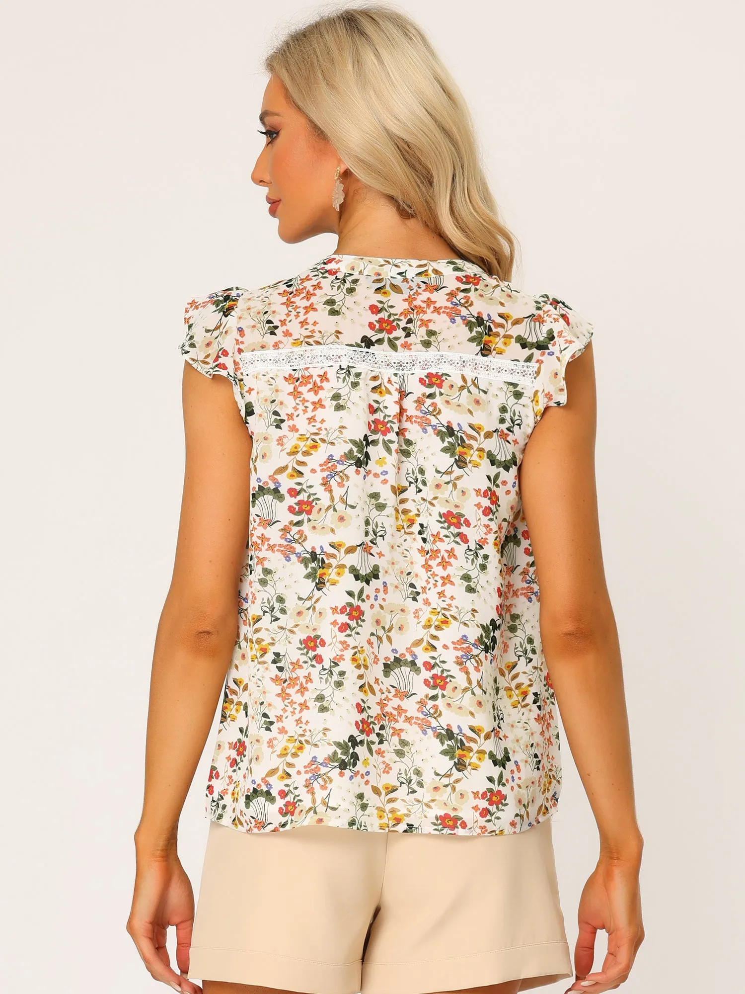 Floral Crew Neck Cap Sleeve Ruffle Trim Chiffon Blouse sold by Allegra K product image thumbnail 3