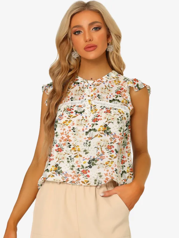 Floral Crew Neck Cap Sleeve Ruffle Trim Chiffon Blouse sold by Allegra K