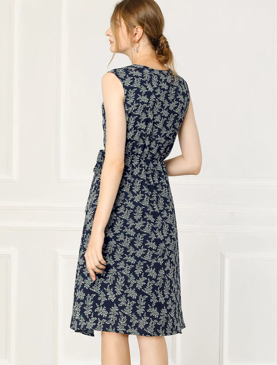 Vintage Summer Sleeveless V Neck Tie Waist Floral Wrap Midi Dress Sundress sold by Allegra K product image thumbnail 4