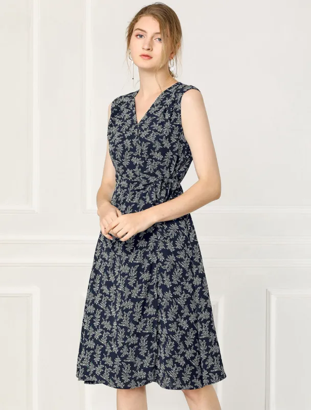 Vintage Summer Sleeveless V Neck Tie Waist Floral Wrap Midi Dress Sundress sold by Allegra K