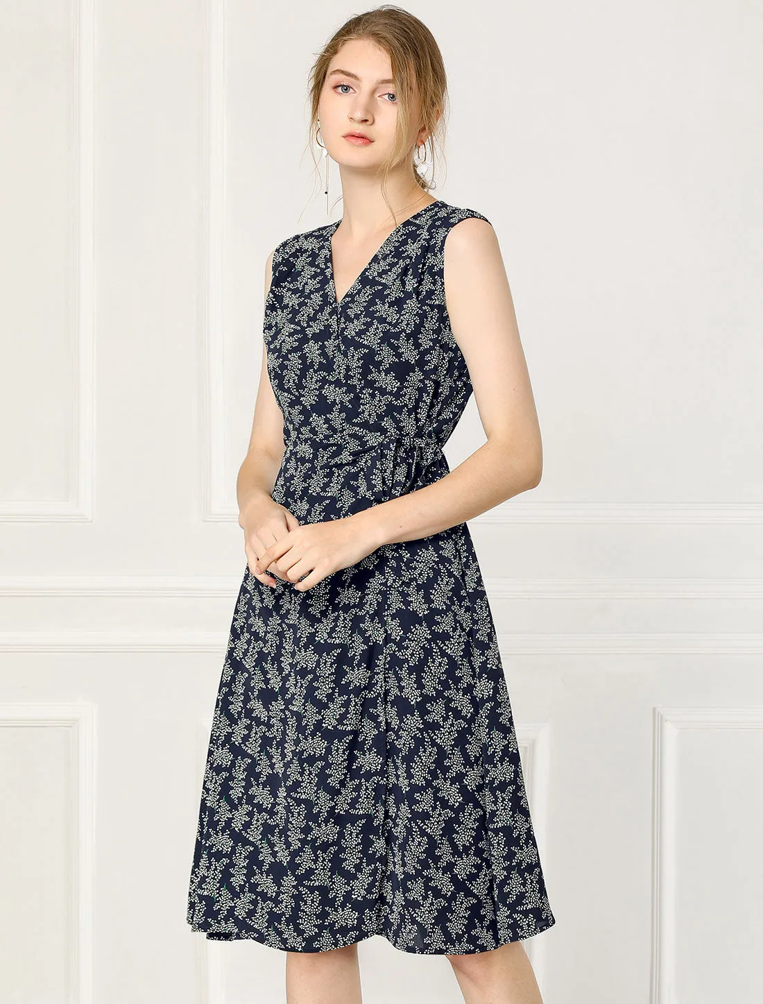 Vintage Summer Sleeveless V Neck Tie Waist Floral Wrap Midi Dress Sundress sold by Allegra K
