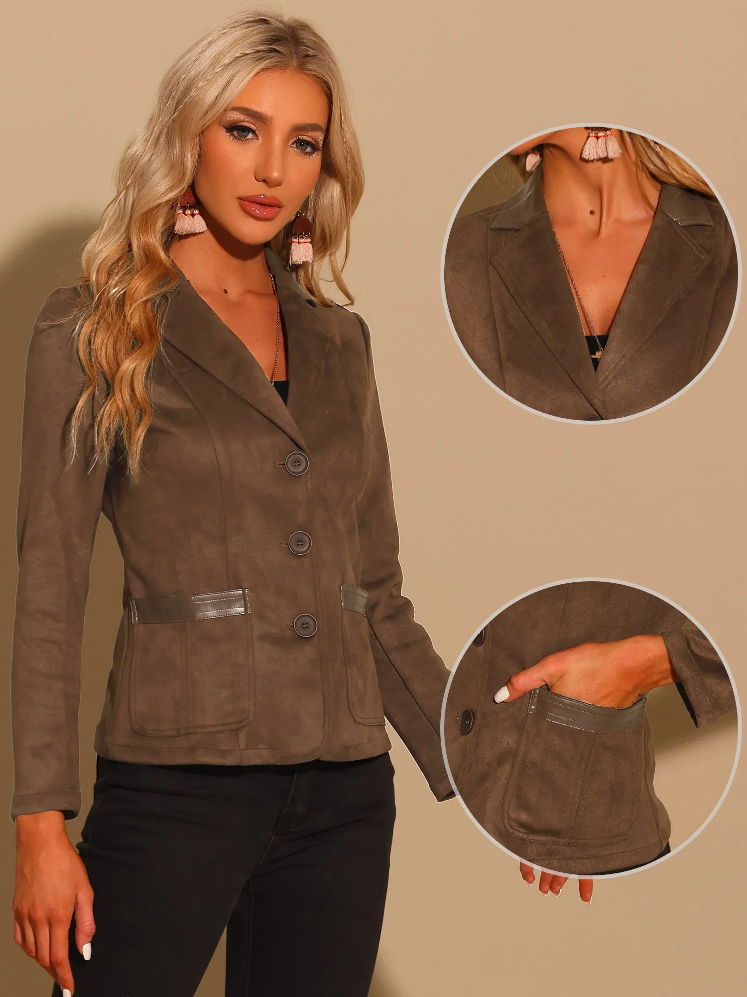 Faux Suede Lapel Collar Cowgirl 2 Button Blazer Jacket sold by Allegra K product image thumbnail 2