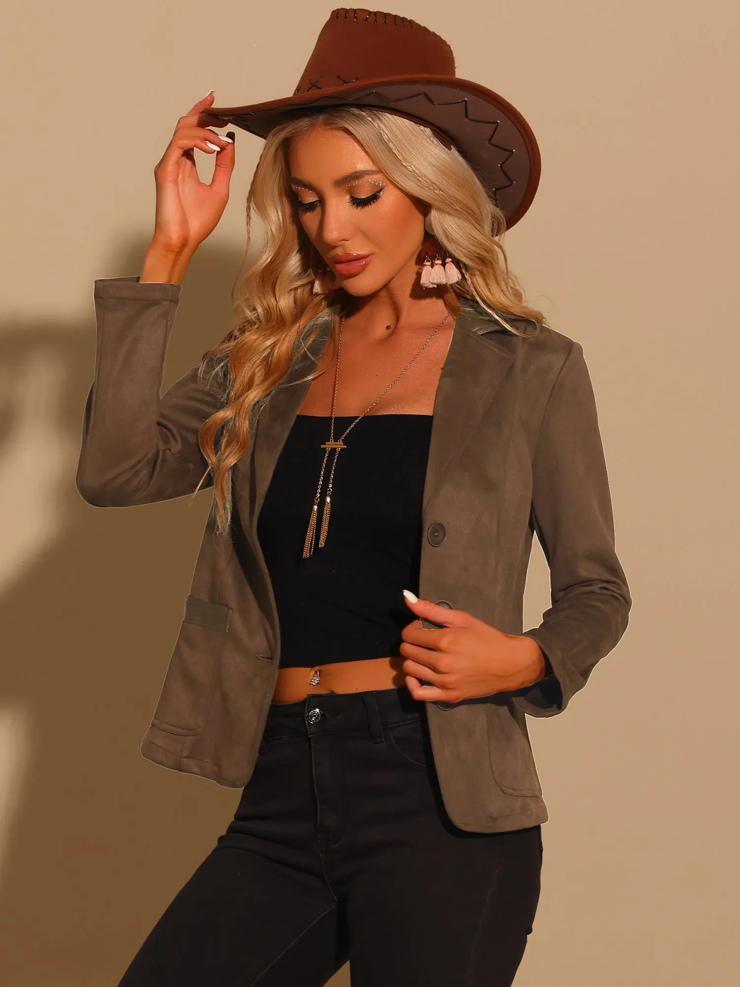 Faux Suede Lapel Collar Cowgirl 2 Button Blazer Jacket sold by Allegra K product image thumbnail 4