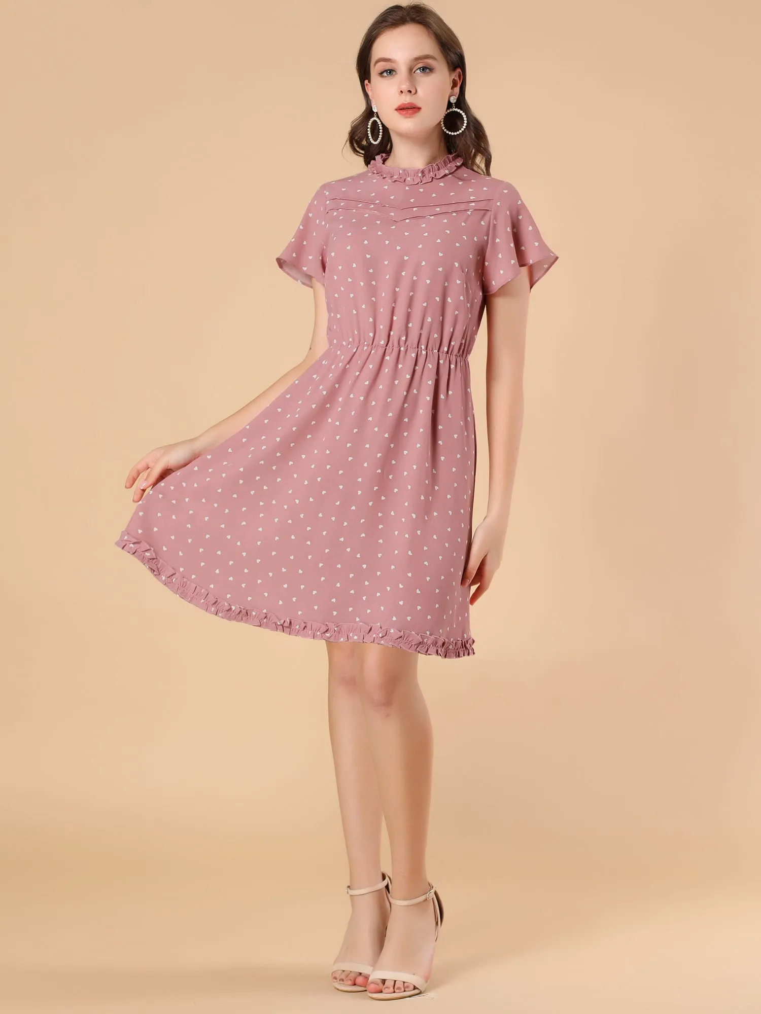 Flutter Sleeve Keyhole Back Ruffle Trim Heart Print Summer Dress sold by Allegra K product image thumbnail 2