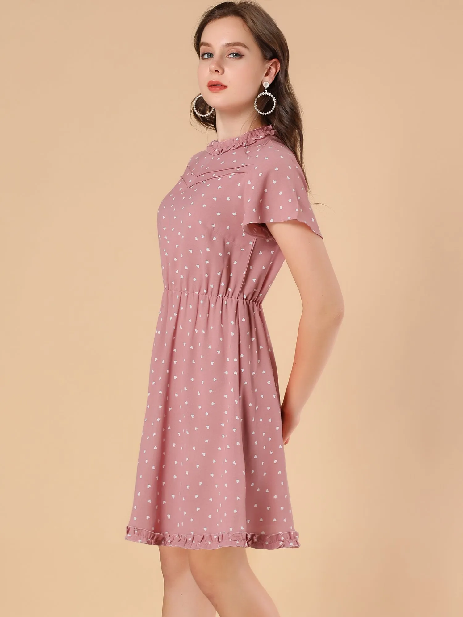 Flutter Sleeve Keyhole Back Ruffle Trim Heart Print Summer Dress sold by Allegra K product image thumbnail 3
