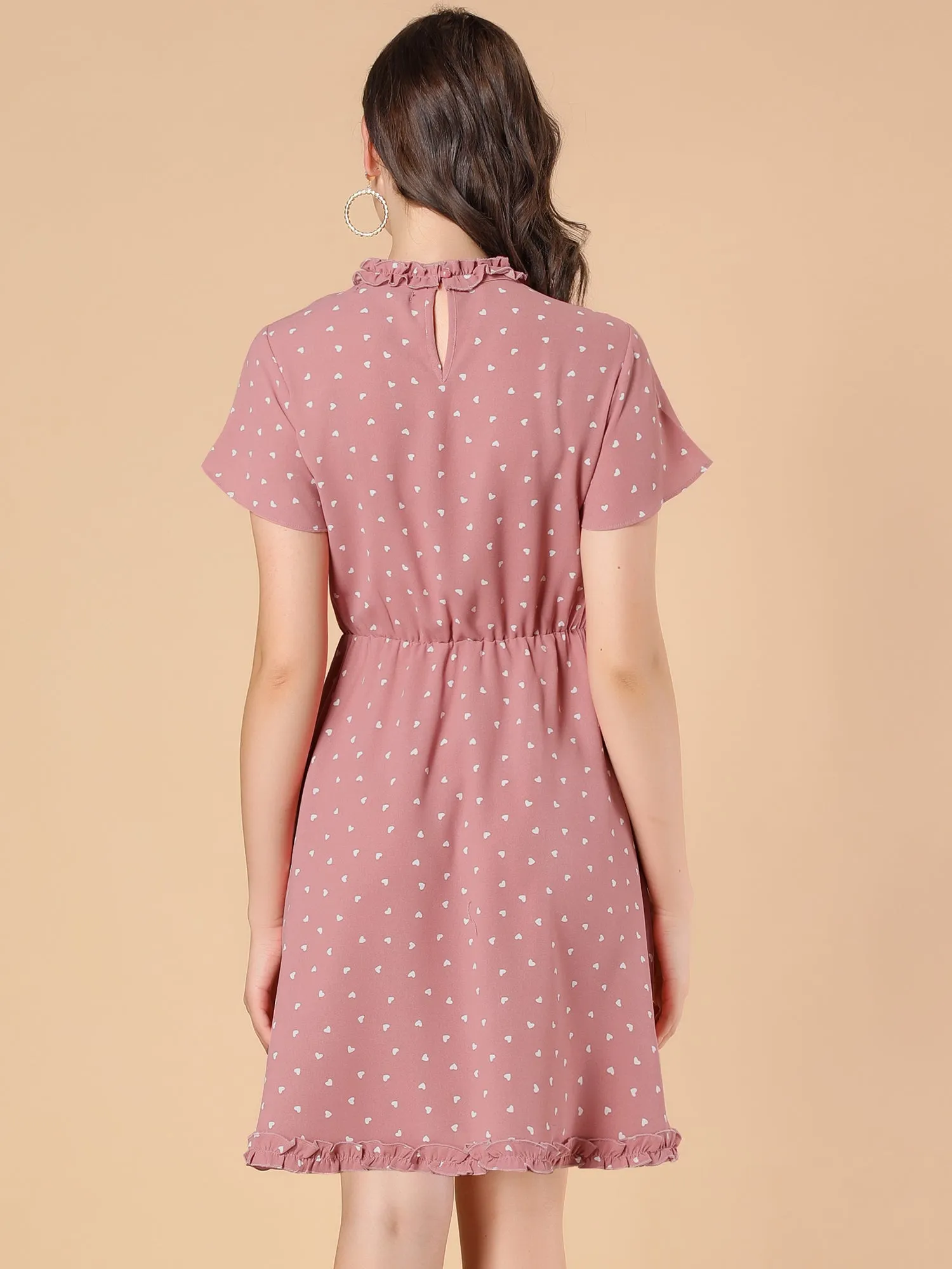 Flutter Sleeve Keyhole Back Ruffle Trim Heart Print Summer Dress sold by Allegra K product image thumbnail 4