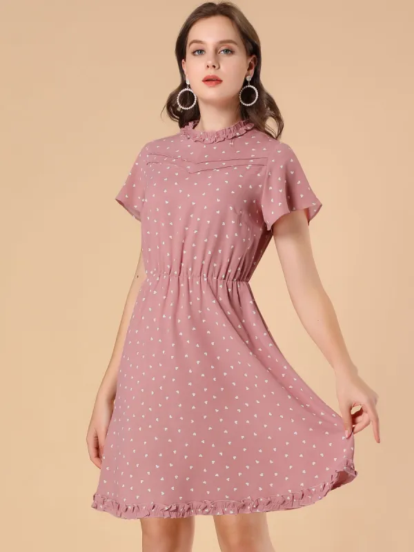 Flutter Sleeve Keyhole Back Ruffle Trim Heart Print Summer Dress sold by Allegra K