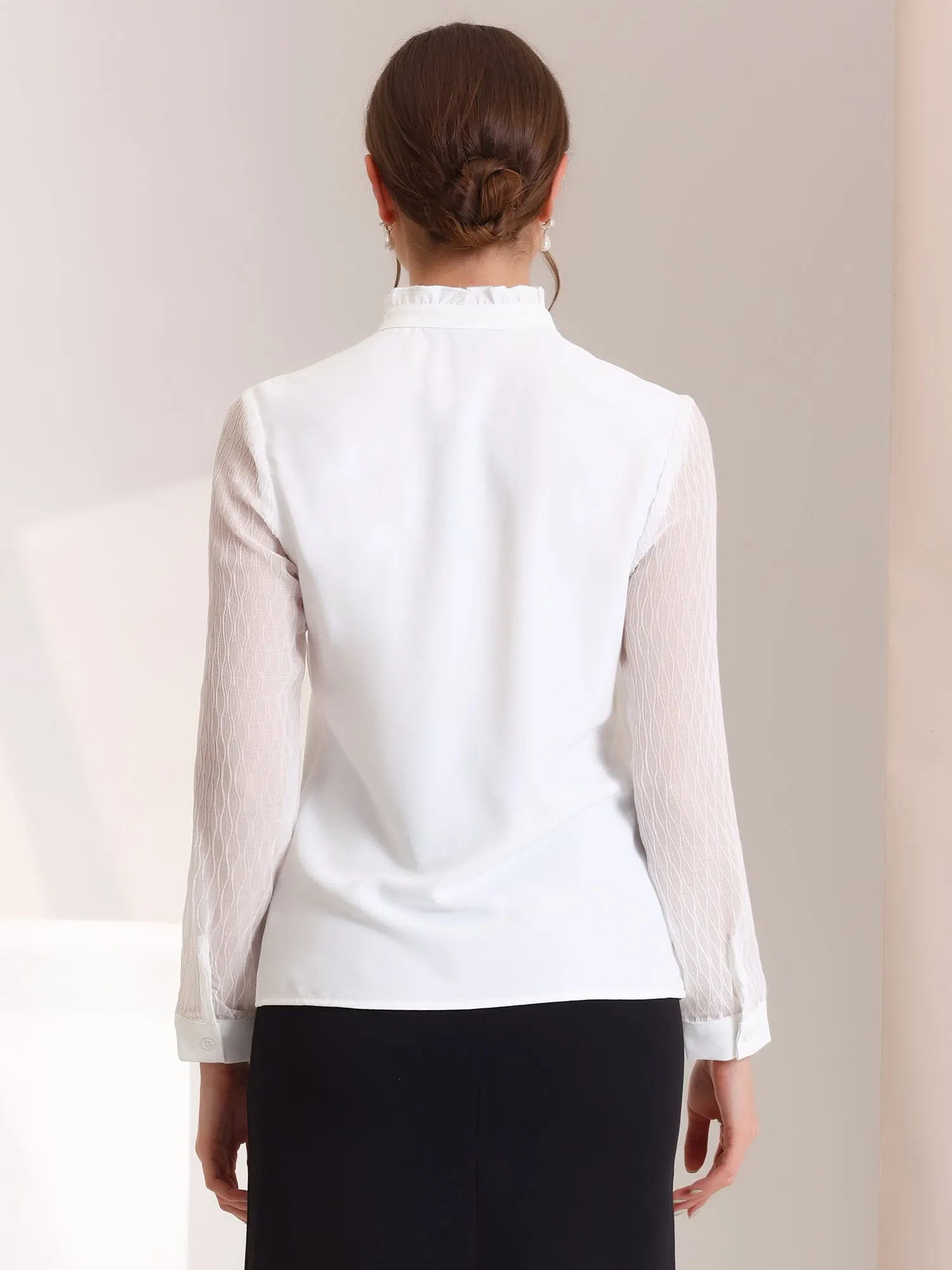 Office Ruffle V Neck Button Decor Sheer Long Sleeve Blouse sold by Allegra K product image thumbnail 3