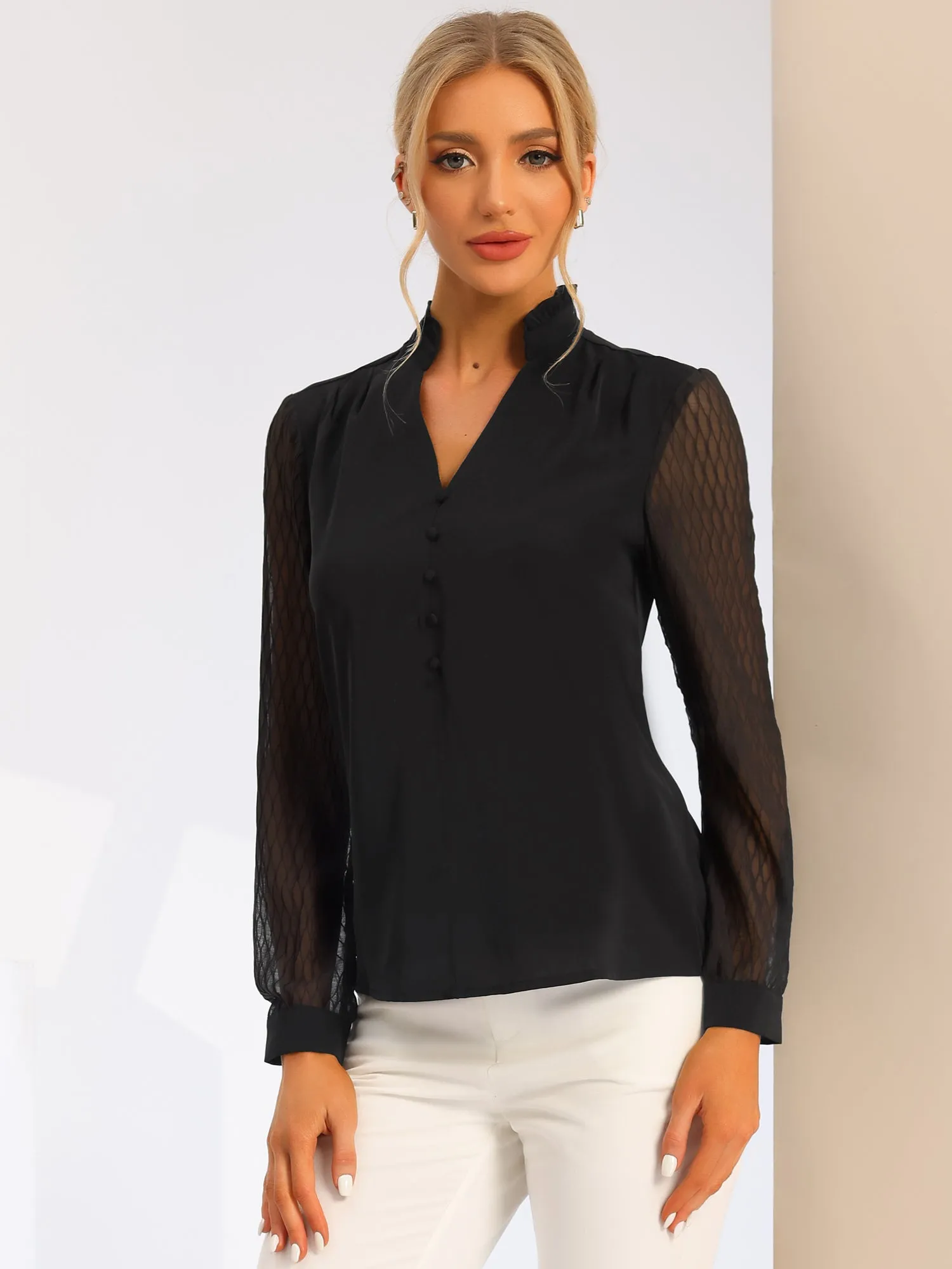 Office Ruffle V Neck Button Decor Sheer Long Sleeve Blouse sold by Allegra K product image thumbnail 5