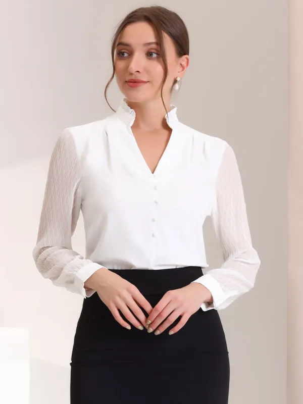 Office Ruffle V Neck Button Decor Sheer Long Sleeve Blouse sold by Allegra K