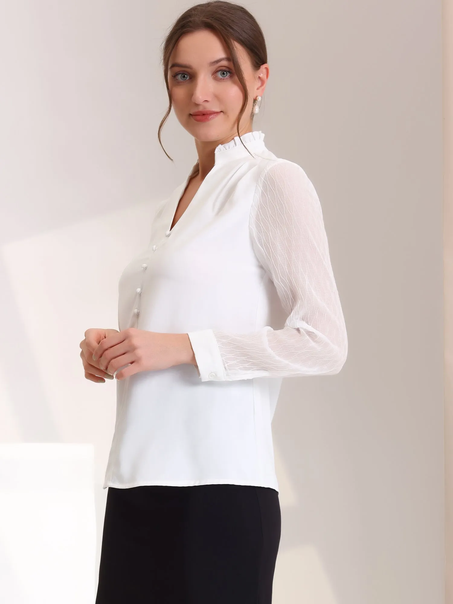 Office Ruffle V Neck Button Decor Sheer Long Sleeve Blouse sold by Allegra K product image thumbnail 2