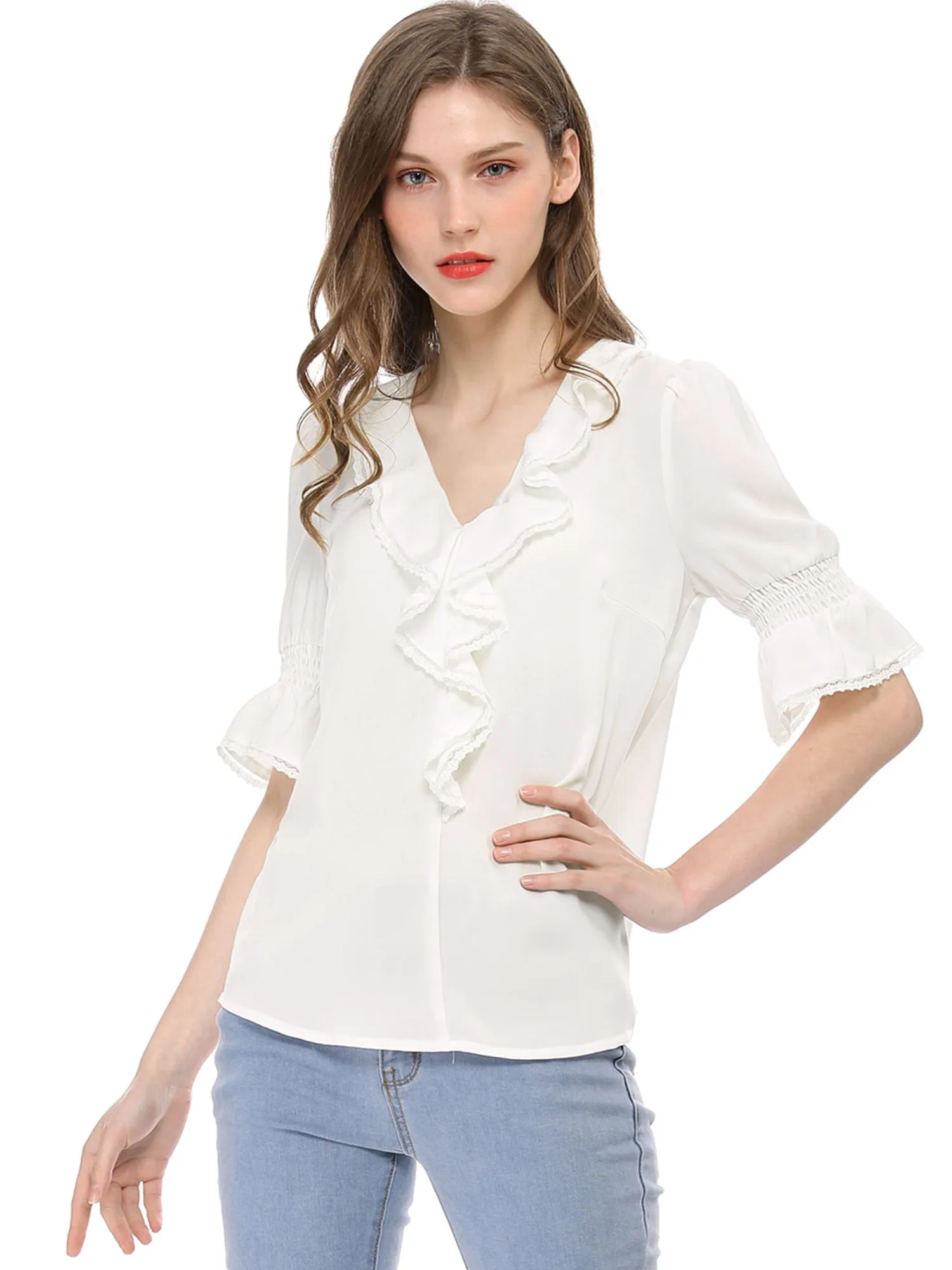 Ruffle Puff Sleeve Lace Trim Chiffon Peasant Blouse sold by Allegra K product image thumbnail 2