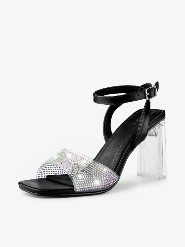 Women's Rhinestone Clear Heeled Ankle Strap Sandals sold by Allegra K
