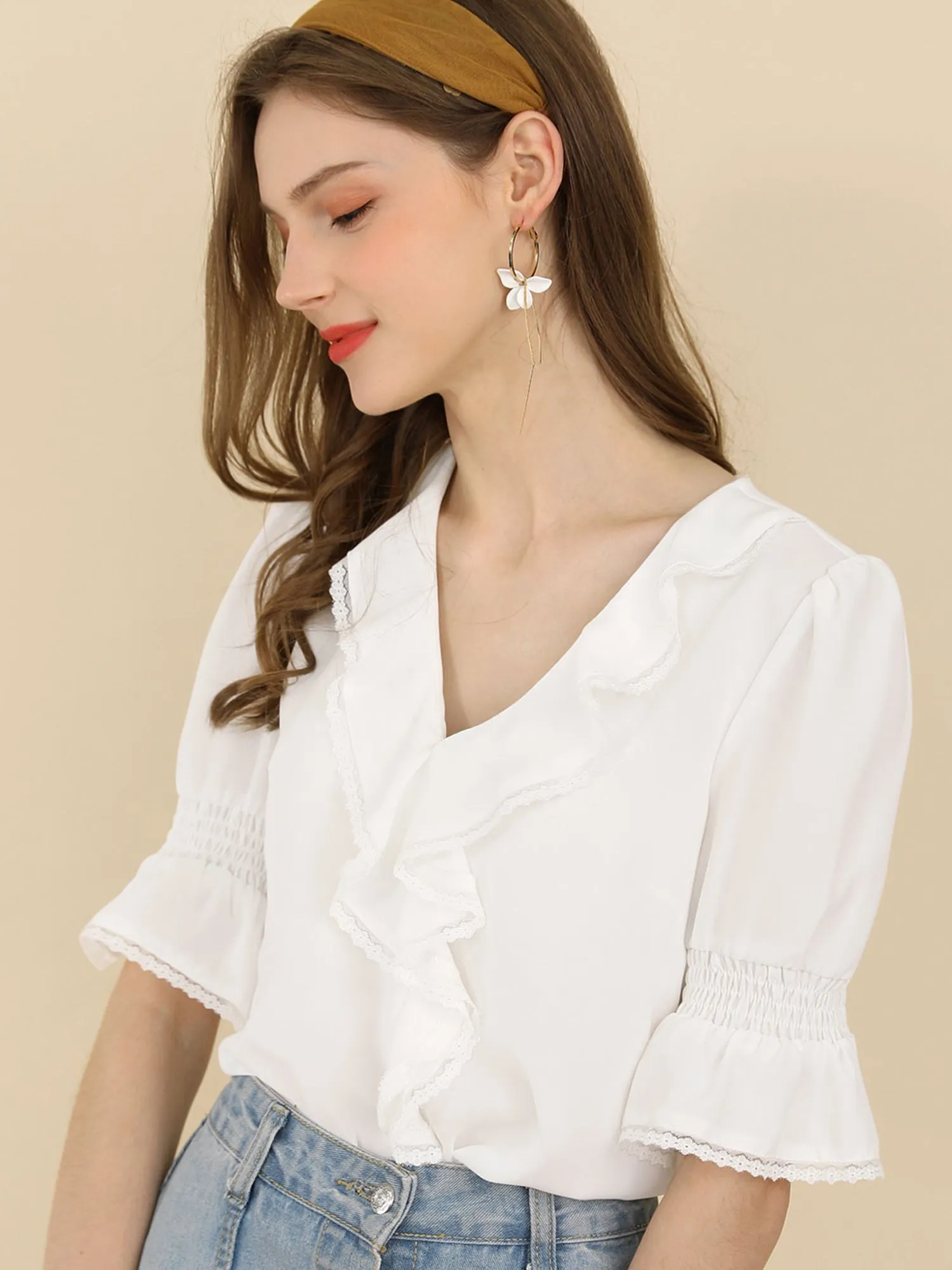 Ruffle Puff Sleeve Lace Trim Chiffon Peasant Blouse sold by Allegra K