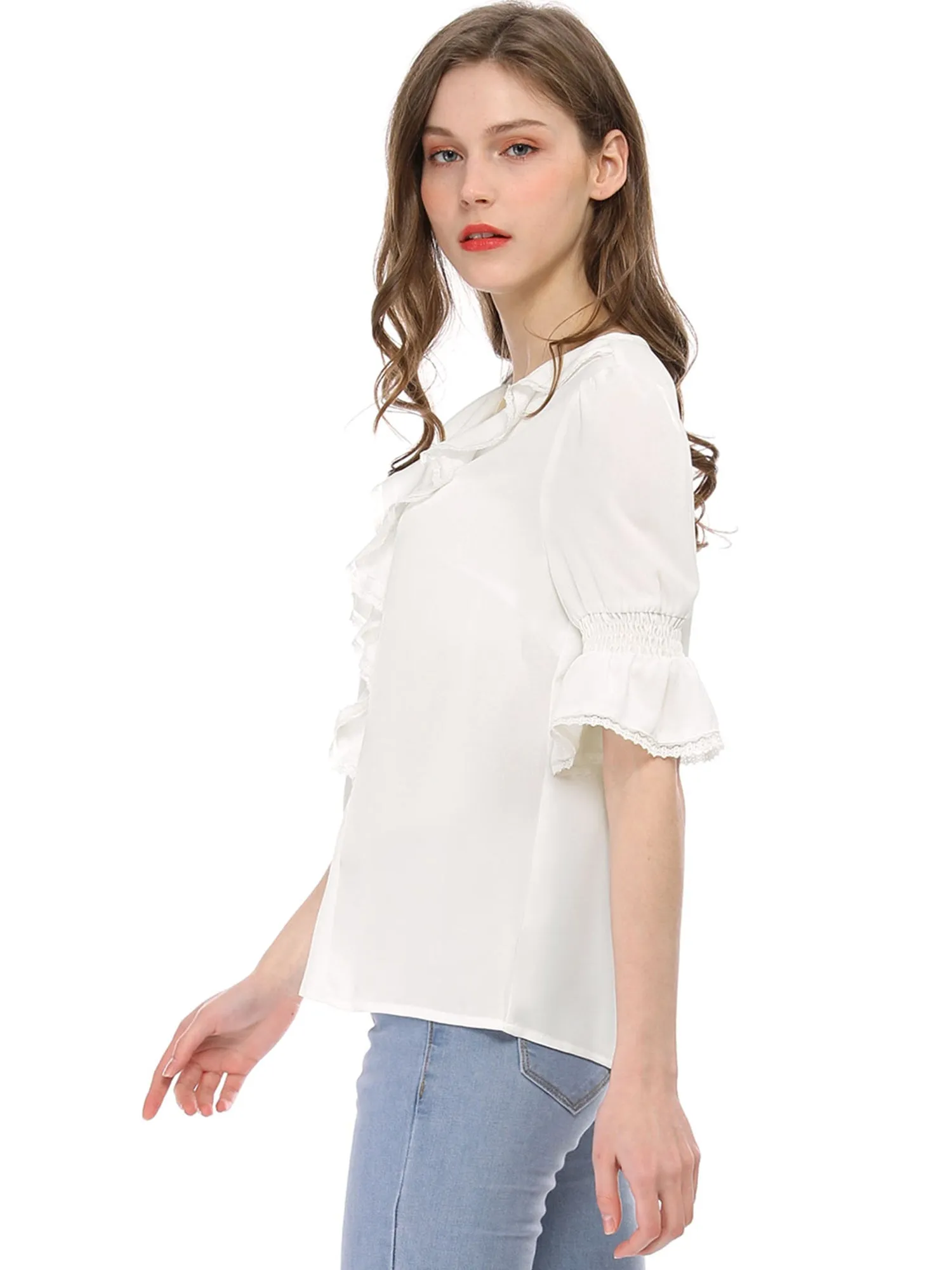 Ruffle Puff Sleeve Lace Trim Chiffon Peasant Blouse sold by Allegra K product image thumbnail 3