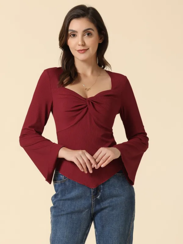 Women's Twist Knot Front Sweetheart Neck Long Bell Sleeve Knit Tops sold by Allegra K