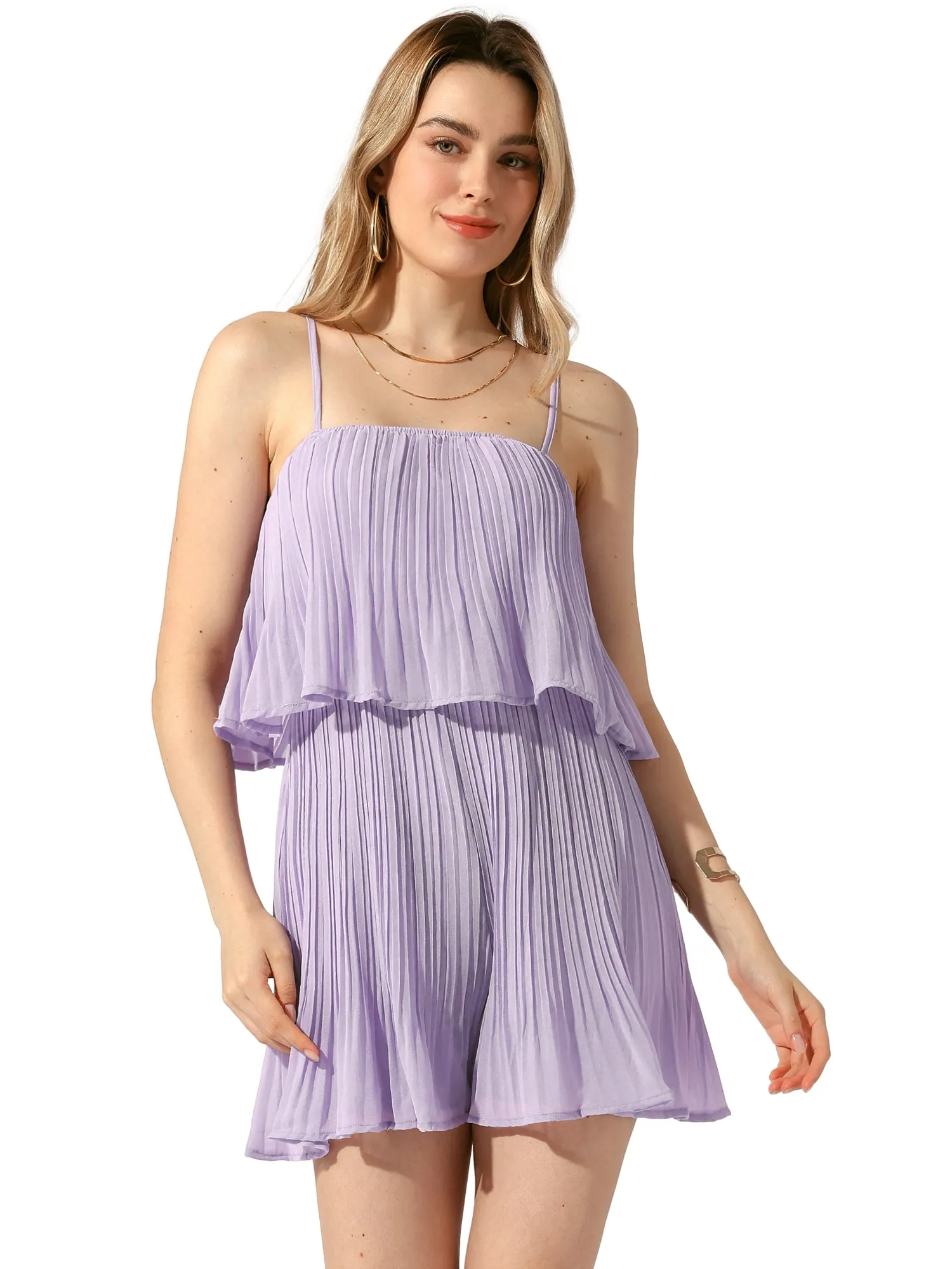 Chiffon Pleated Layer Ruffled Spaghetti Strap Romper sold by Allegra K product image thumbnail 5